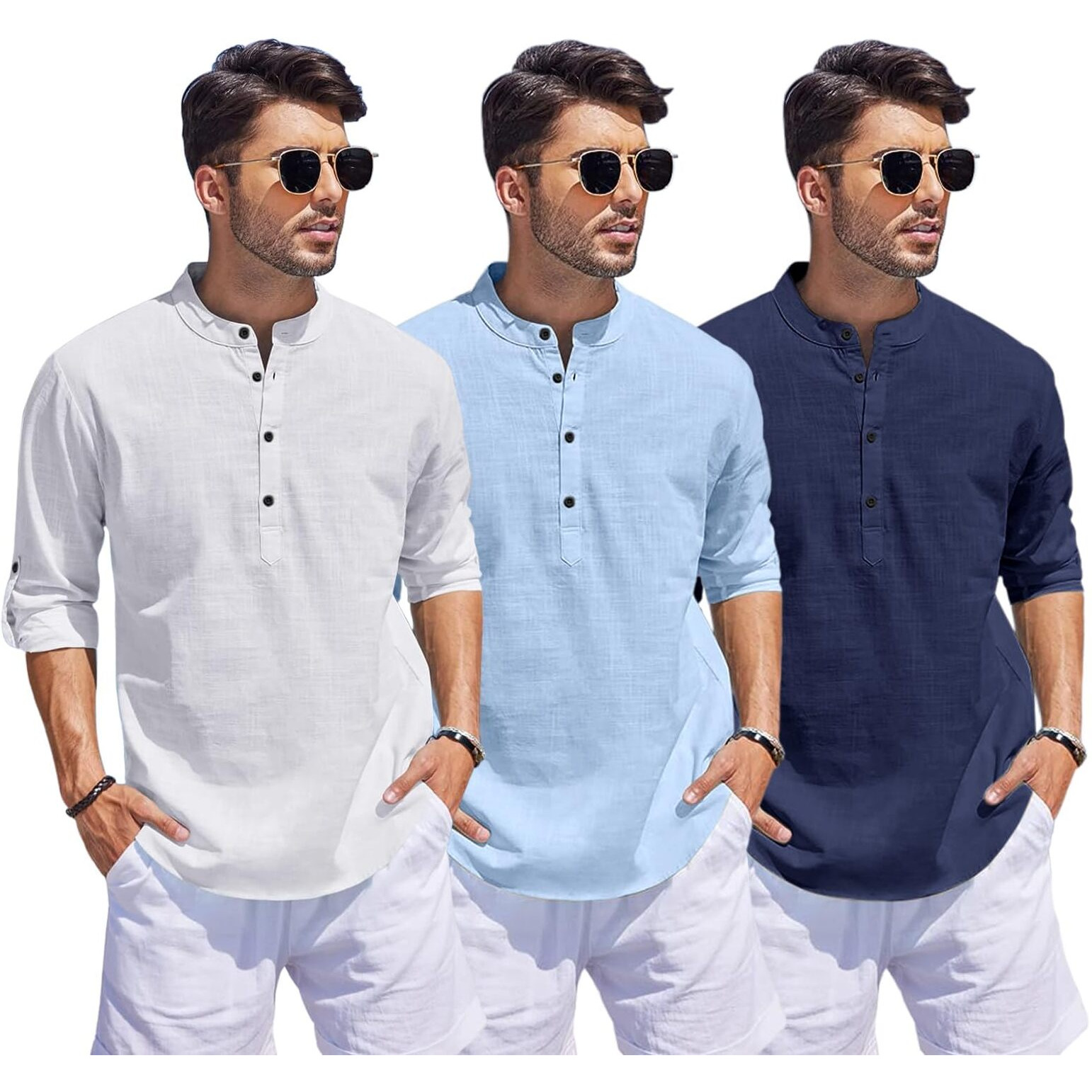 Bellstone Men's Solid Regular Fit Dress Shirt (1500_3Combo_White-Sky-Navy_Xl