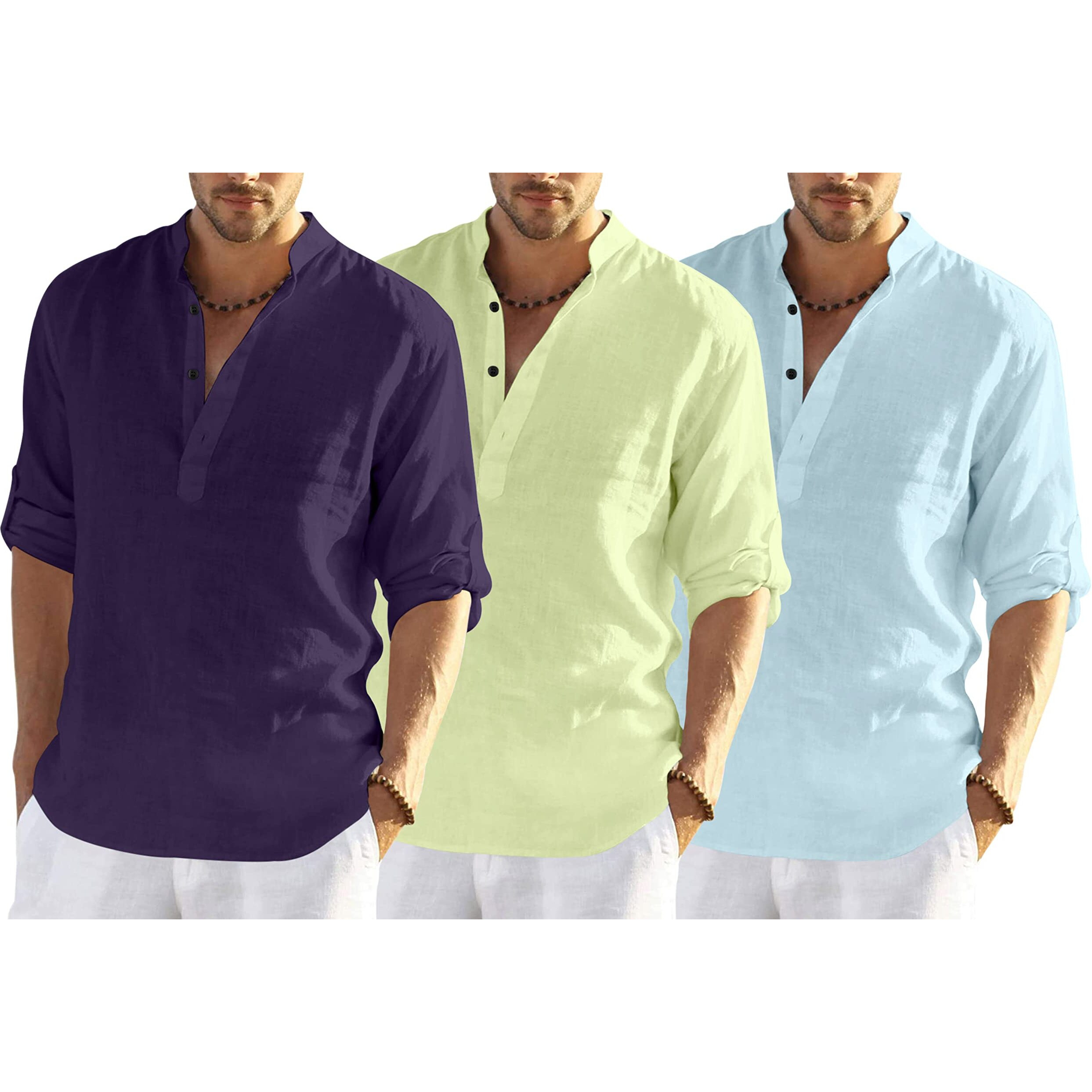 Bellstone Men's Solid Regular Fit Dress Shirt (Kurta800_Triple-P_Purple-L Yellow-Aqua