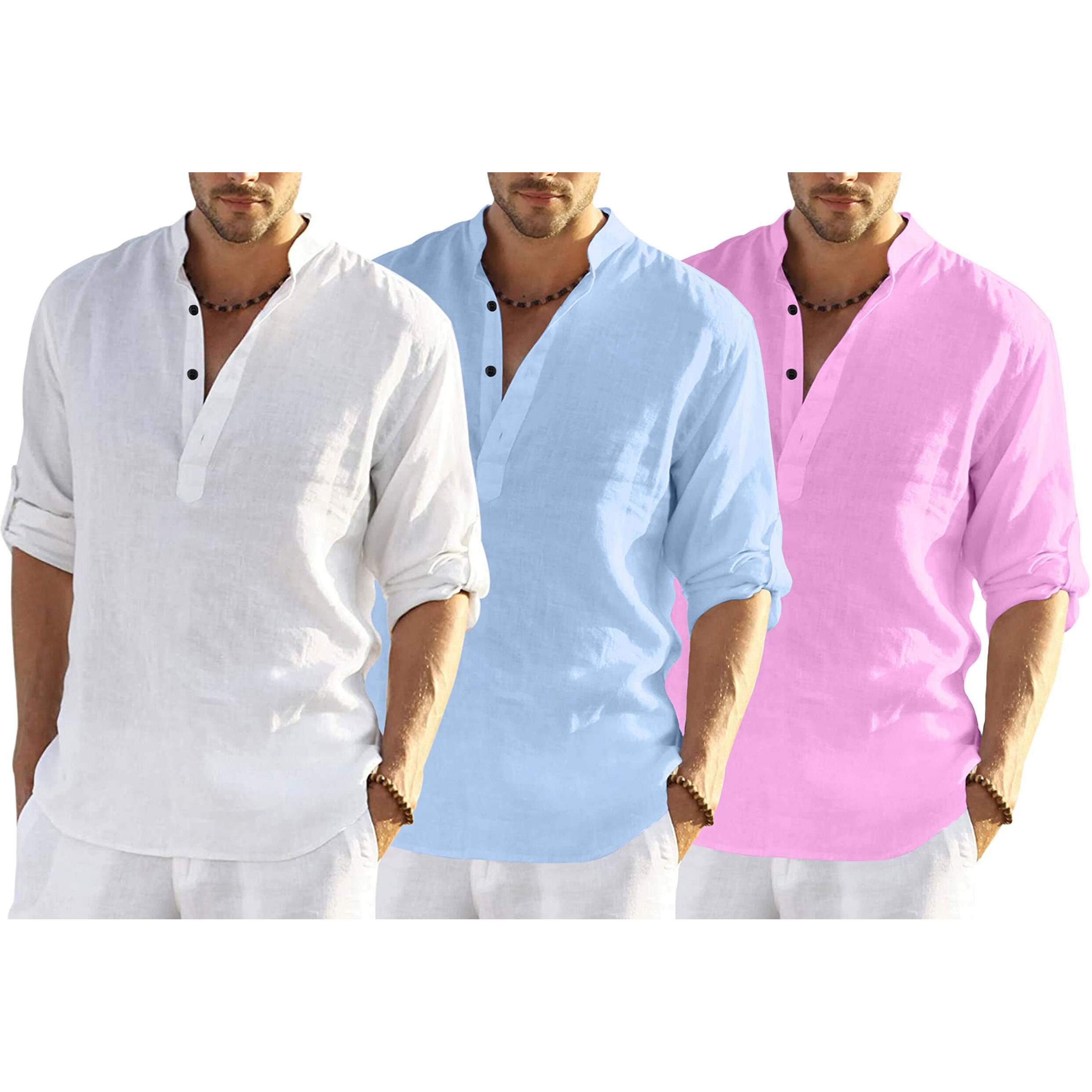 Bellstone Men's Cotton Blend Solid Regular Dress Shirt (Kurta800_Triple-P_White-Sky-L Pink