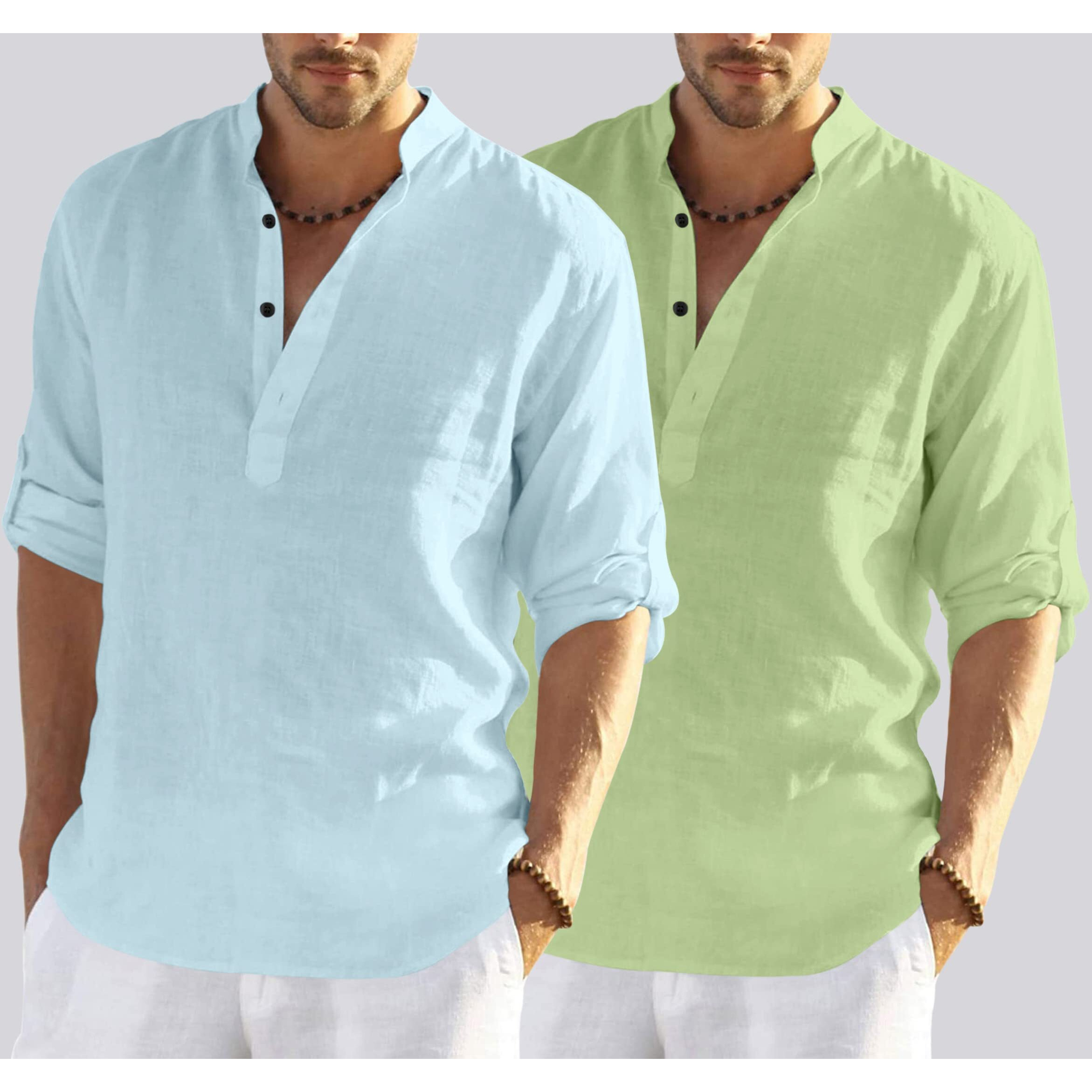 Bellstone Men's Cotton Blend Solid Regular Dress Shirt (Kurta800_Combo_Aqua_Light Green_L