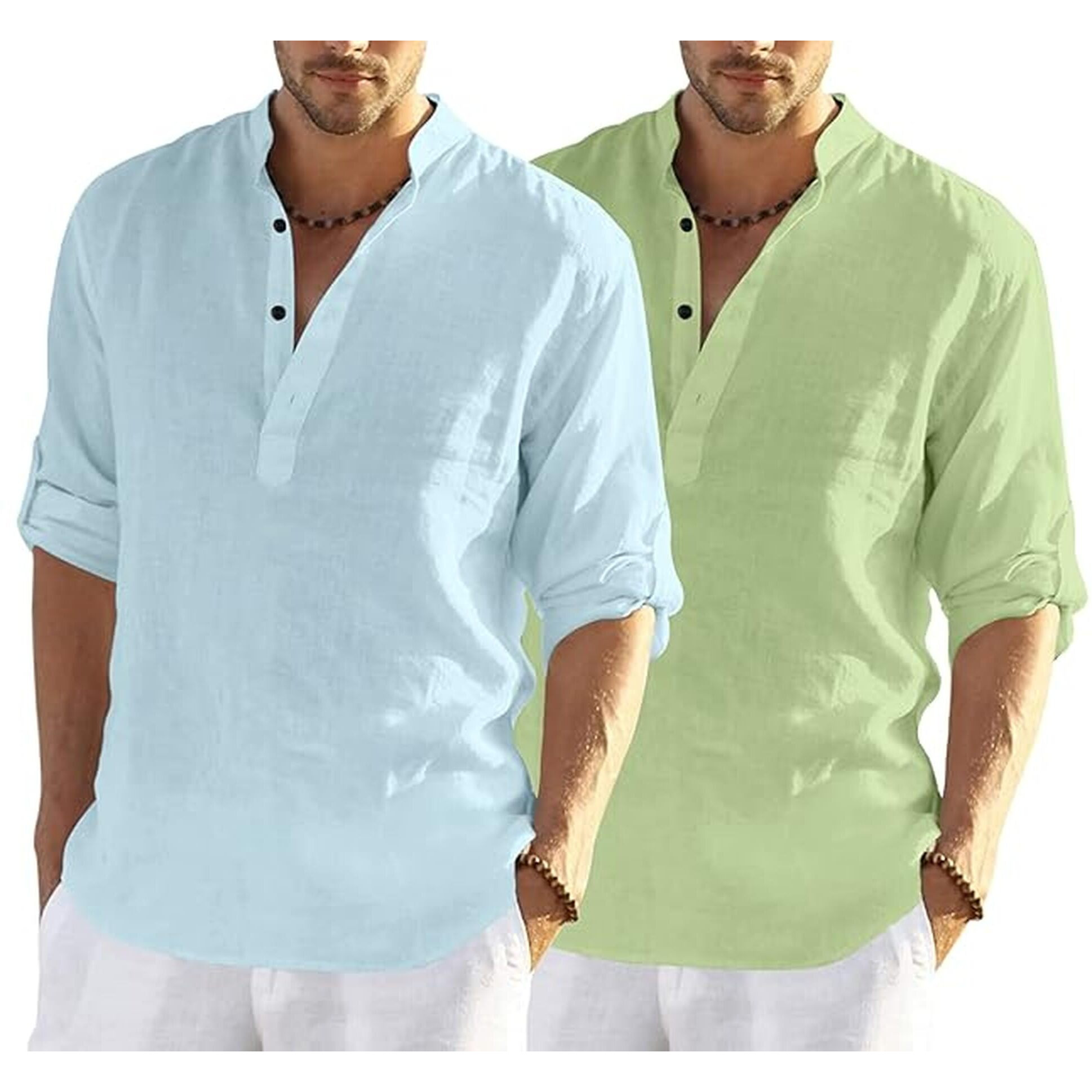 Bellstone Men's Cotton Blend Solid Regular Dress Shirt (Kurta800_Combo_Aqua_Light Green_S