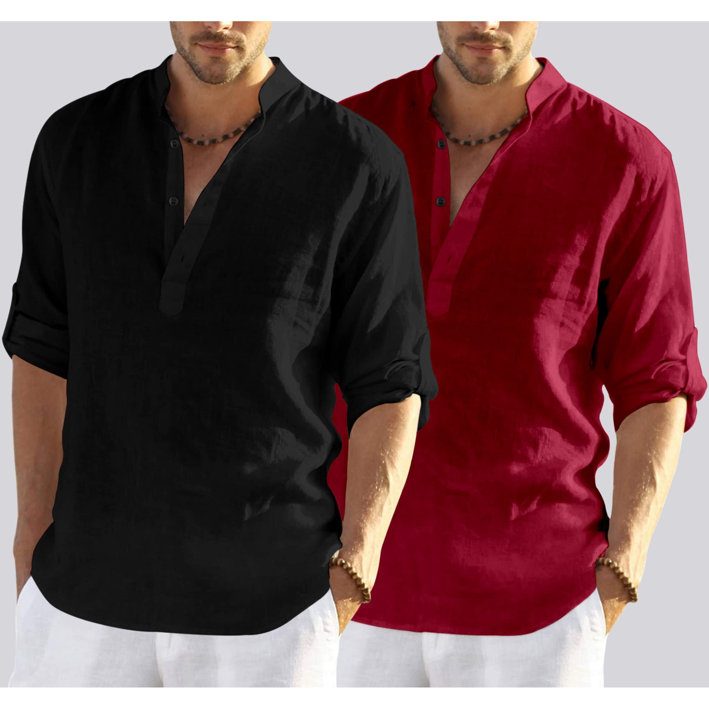 Bellstone Men's Cotton Blend Solid Regular Dress Shirt (Kurta800_Combo_Black_Maroon_M