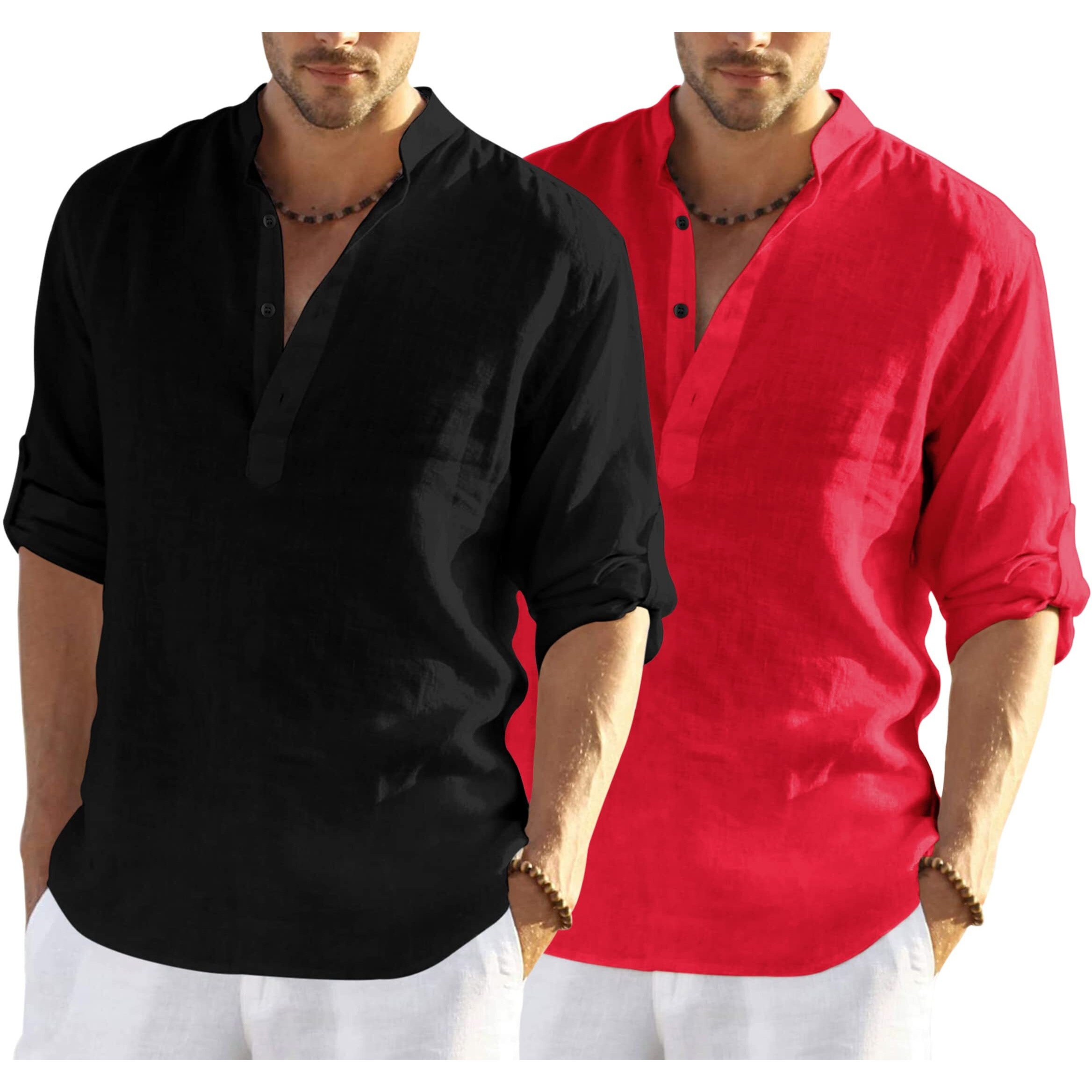 Bellstone Men's Cotton Blend Solid Regular Dress Shirt (Kurta800_Combo_Black_Red_Xl