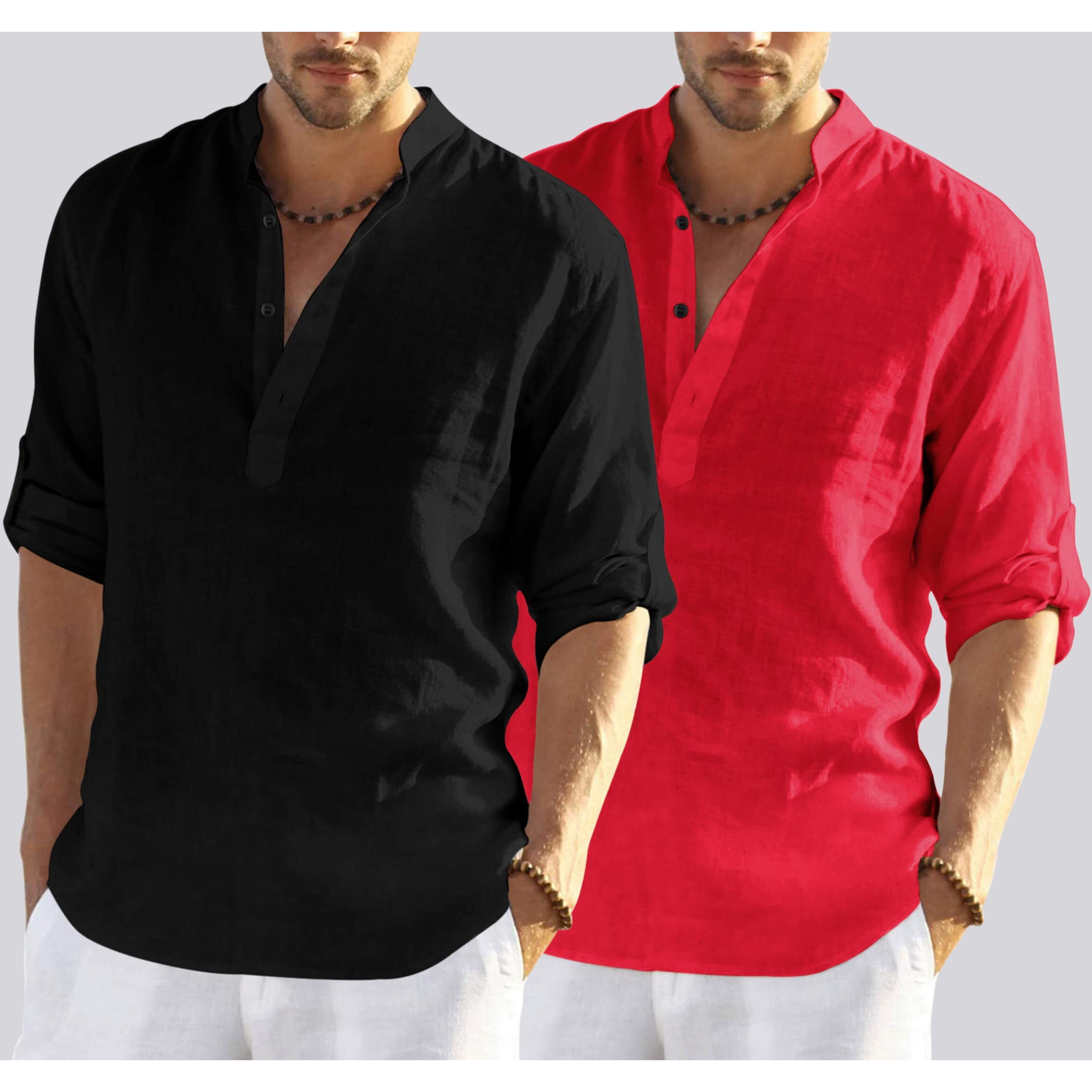 Bellstone Men's Cotton Blend Solid Regular Dress Shirt (Kurta800_Combo_Black_Red_Xl