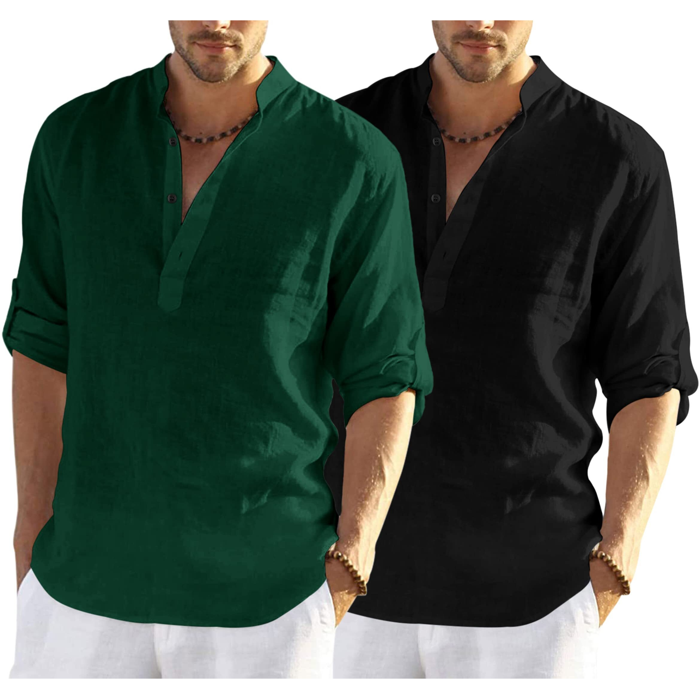 Bellstone Men's Solid Regular Fit Dress Shirt (Kurta800_Combo_Dark Green_Black_Xl