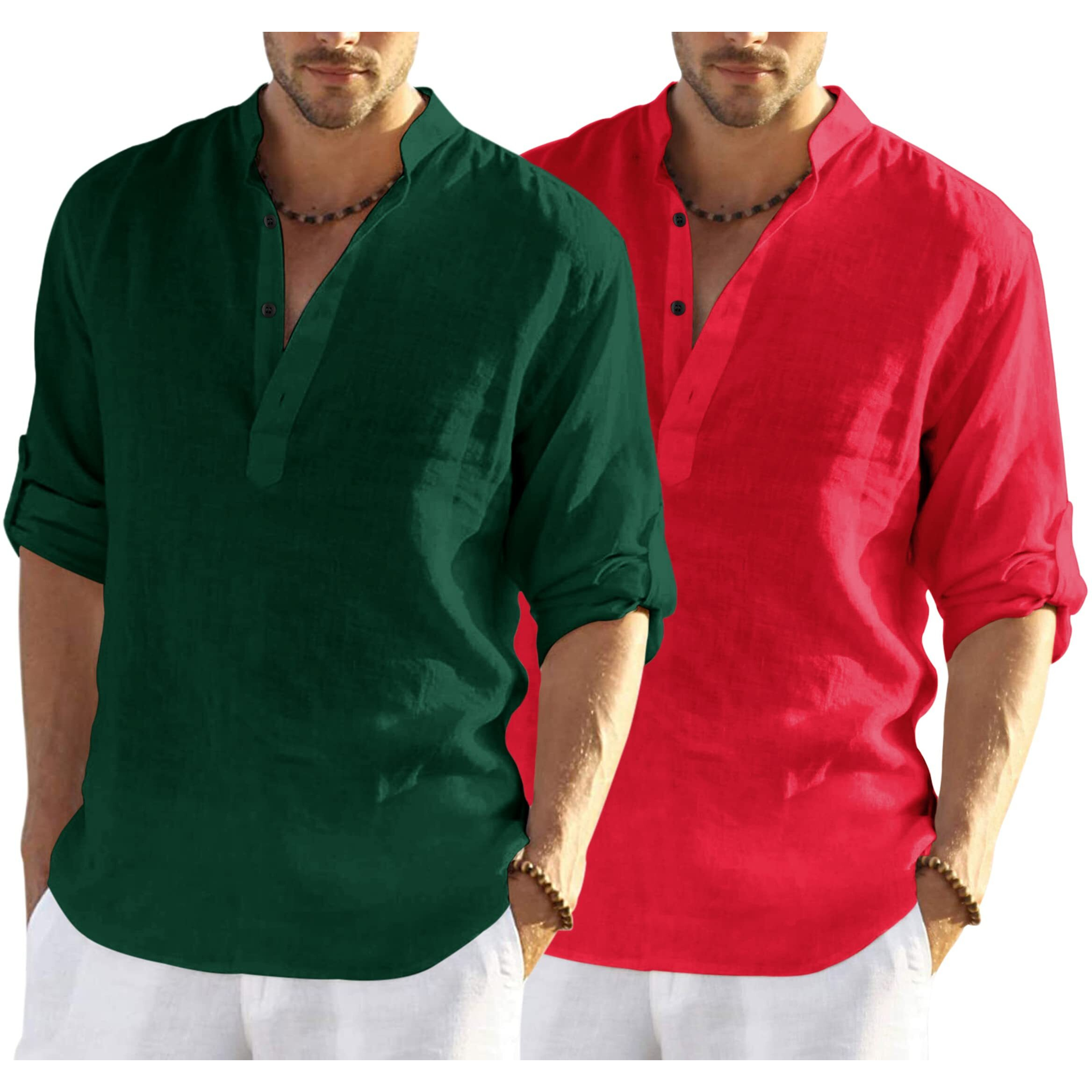 Bellstone Men's Solid Regular Fit Dress Shirt (Kurta800_Combo_Dark Green_Red_L