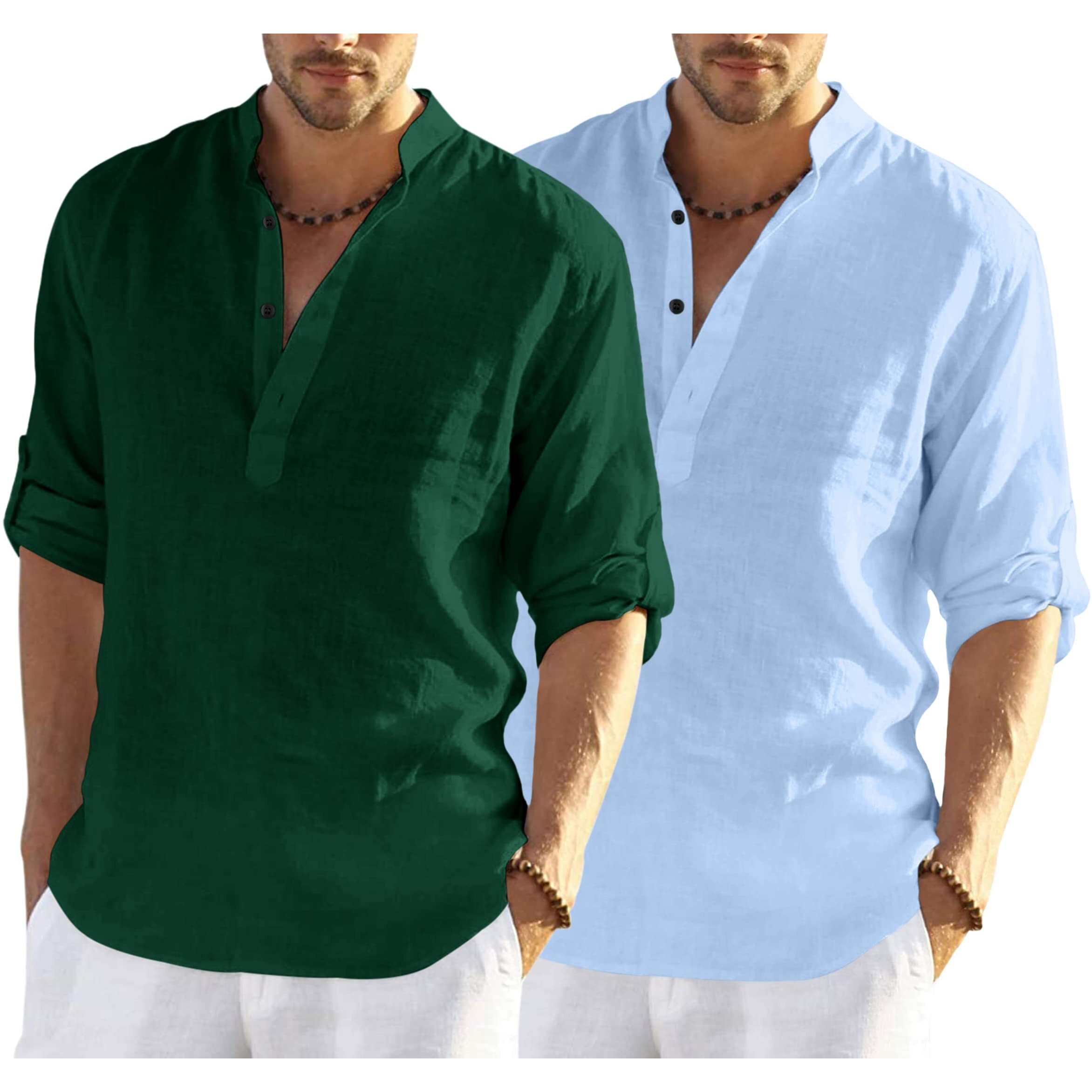Bellstone Men's Solid Regular Fit Dress Shirt (Kurta800_Combo_Dark Green_Sky Blue_M