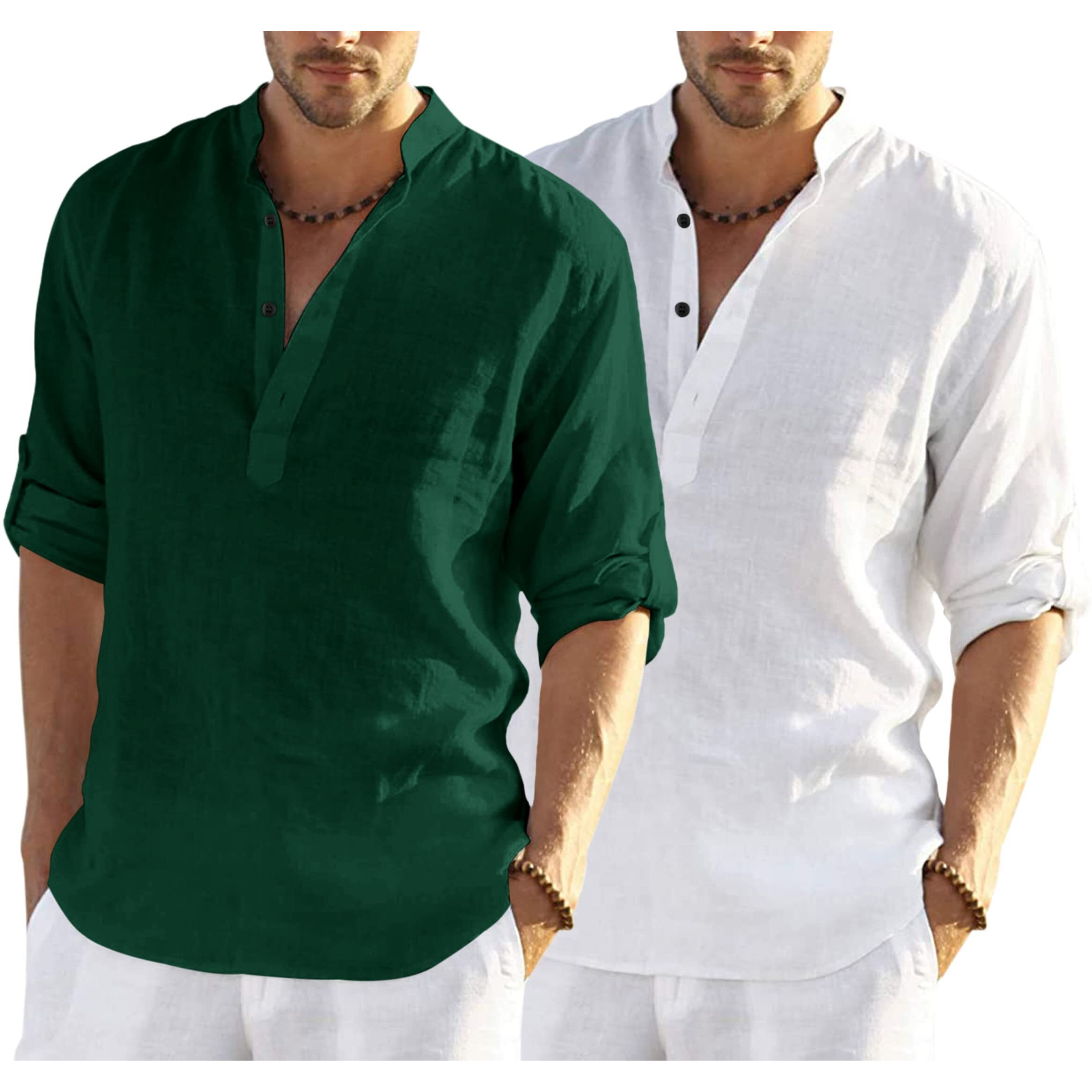 Bellstone Men's Solid Regular Fit Dress Shirt (Kurta800_Combo_Dark Green_White_Xl