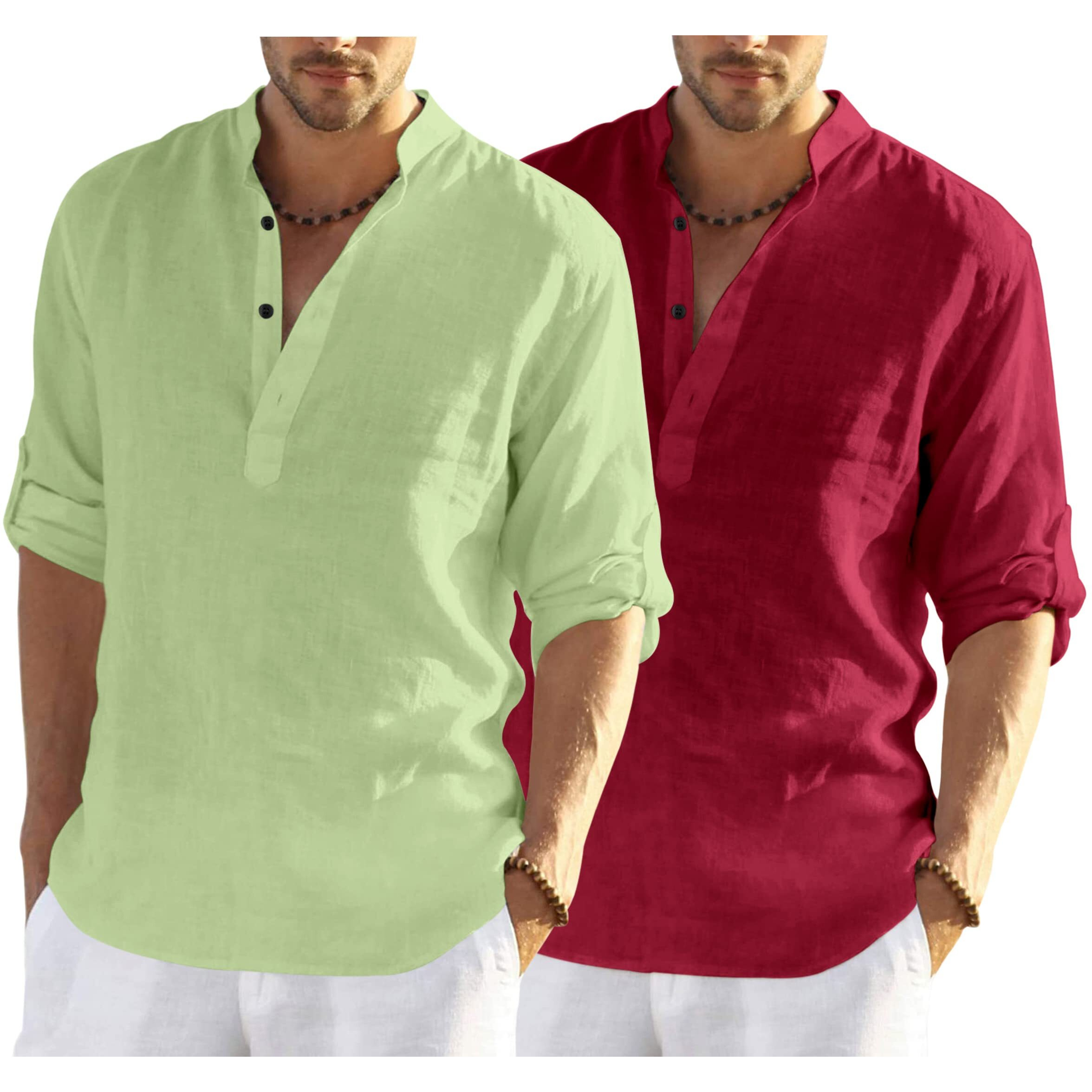 Bellstone Men's Cotton Blend Solid Regular Dress Shirt (Kurta800_Combo_Light Green_Maroon_M_Lighr