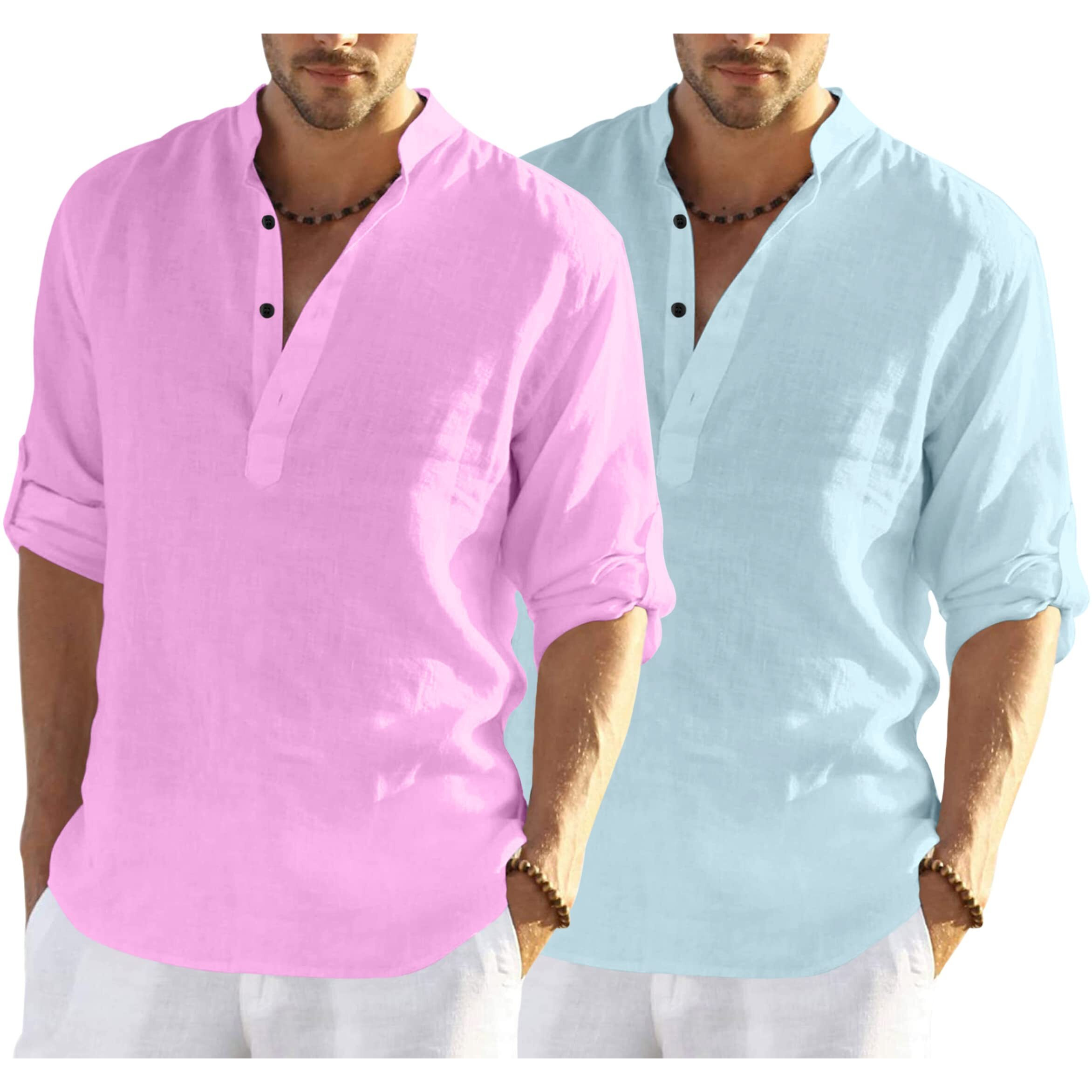 Bellstone Men's Cotton Blend Solid Regular Dress Shirt (Kurta800_Combo_Light Pink_Aqua_M