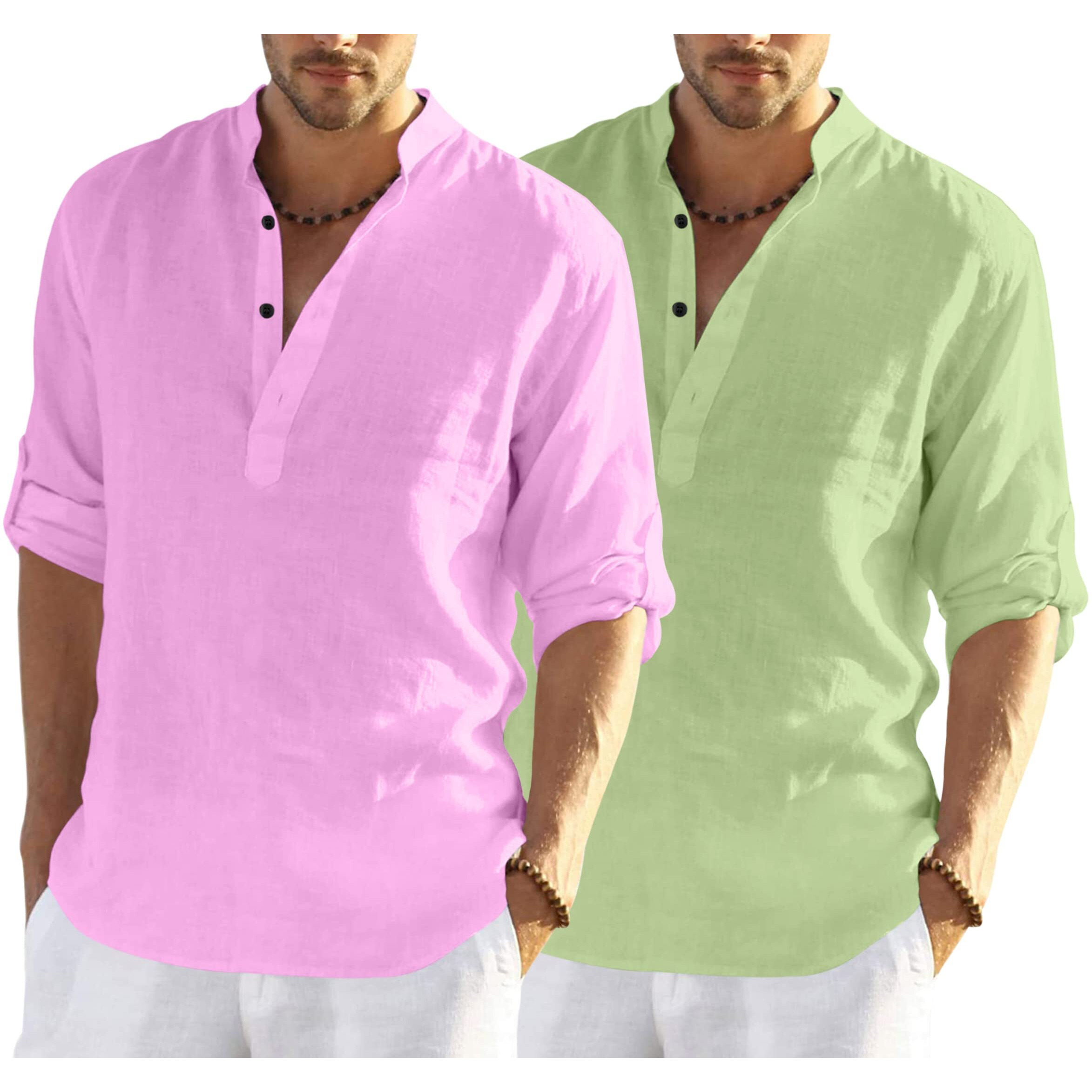 Bellstone Men's Cotton Blend Solid Regular Dress Shirt (Kurta800_Combo Pink_Light Green_M