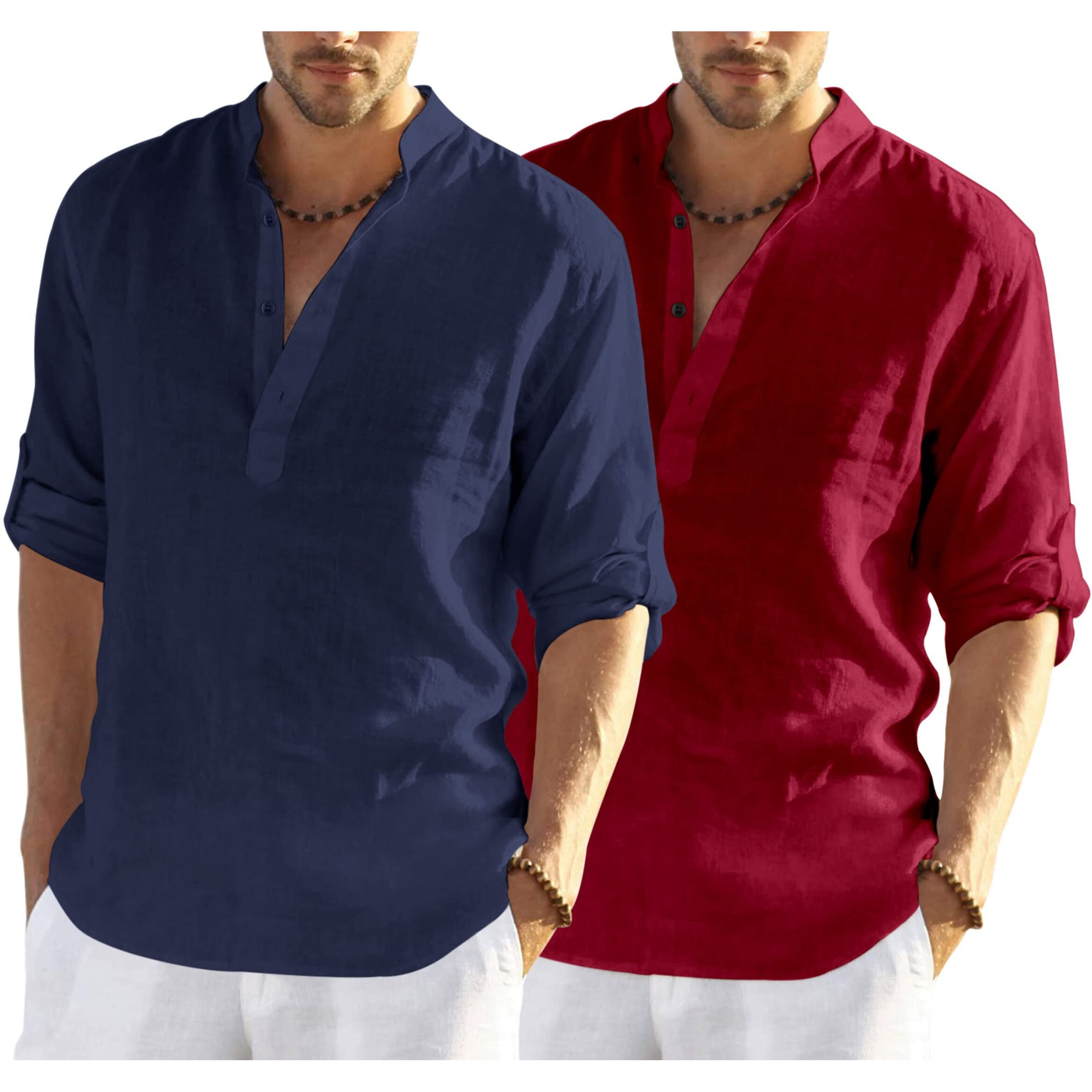 Bellstone Men's Cotton Blend Solid Regular Dress Shirt (Kurta800_Combo_Navy Blue_Maroon_L