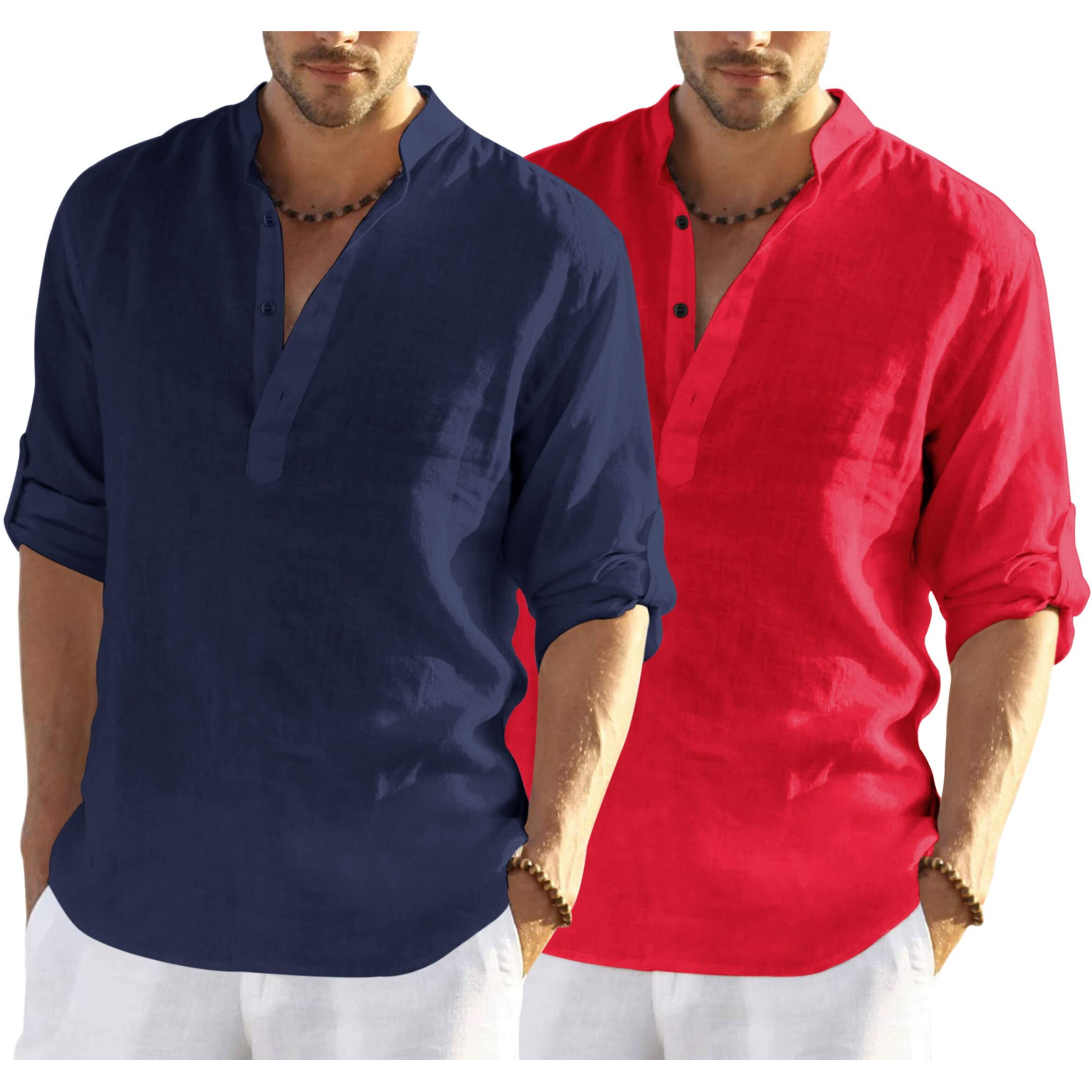 Bellstone Men's Cotton Blend Solid Regular Dress Shirt (Kurta800_Combo_Navy Blue_Red_Xl