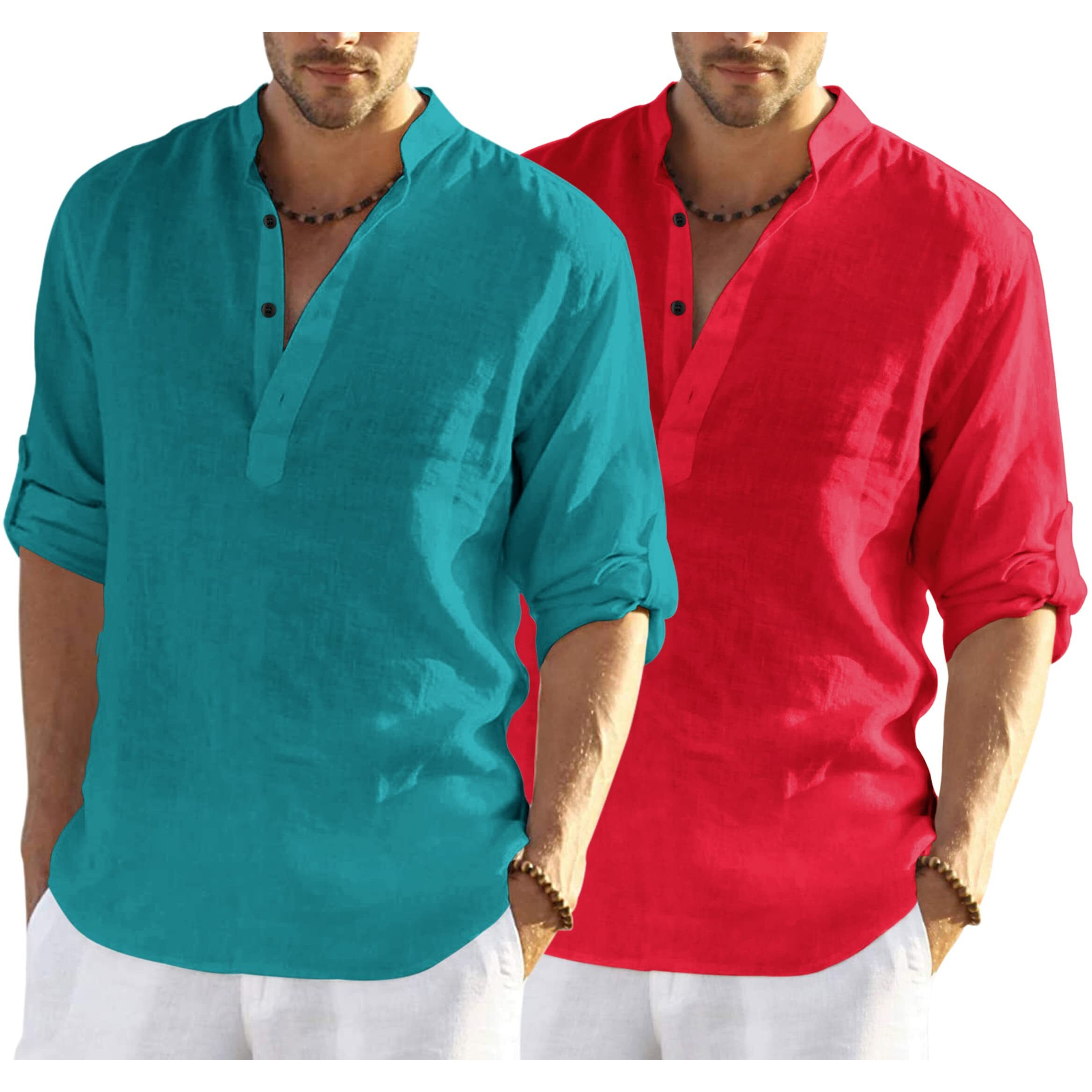 Bellstone Men's Cotton Blend Solid Regular Dress Shirt (Kurta800_Combo_Rama_Red_Xl
