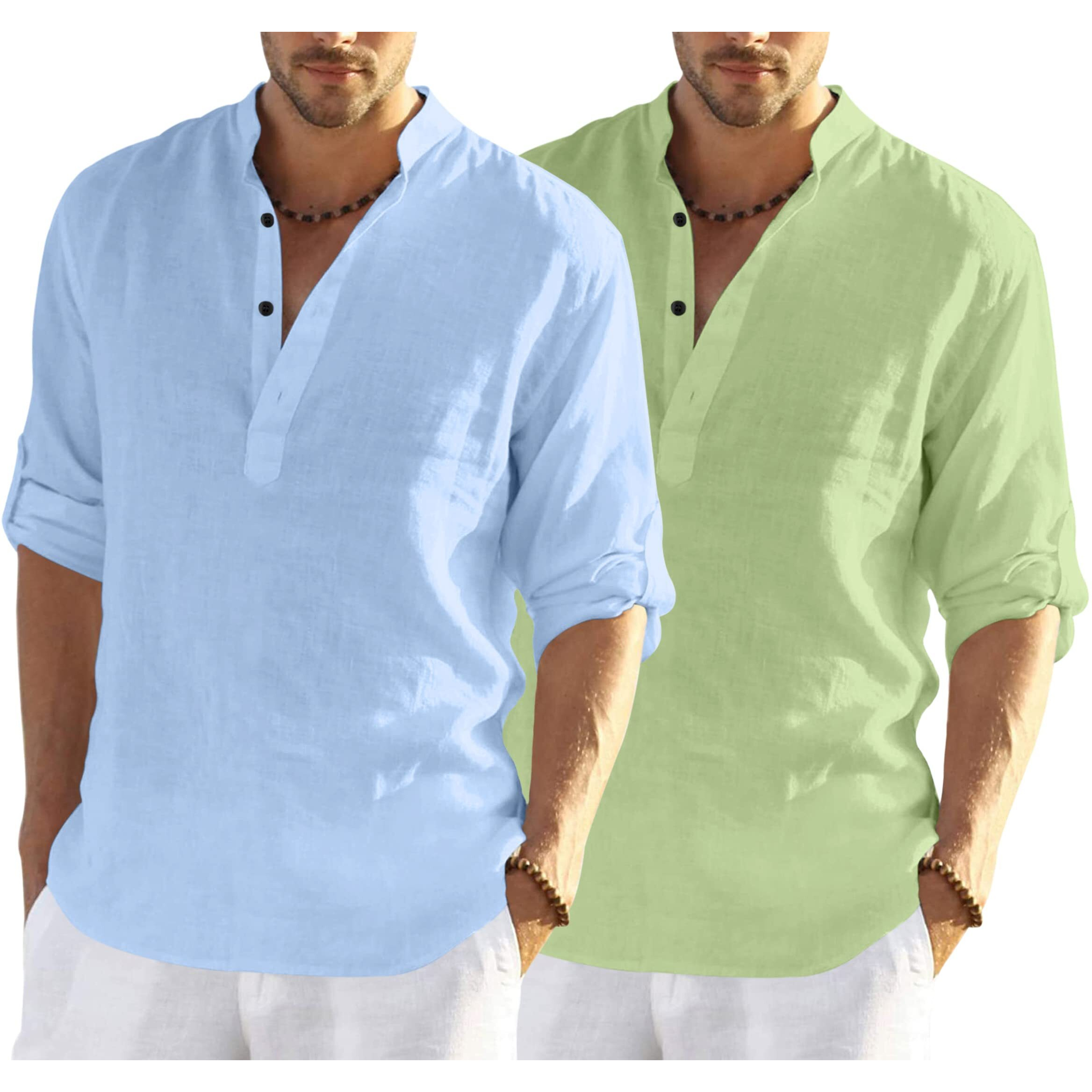 Bellstone Men's Cotton Blend Solid Regular Dress Shirt (Kurta800_Combo_Sky Blue_Light Green_M