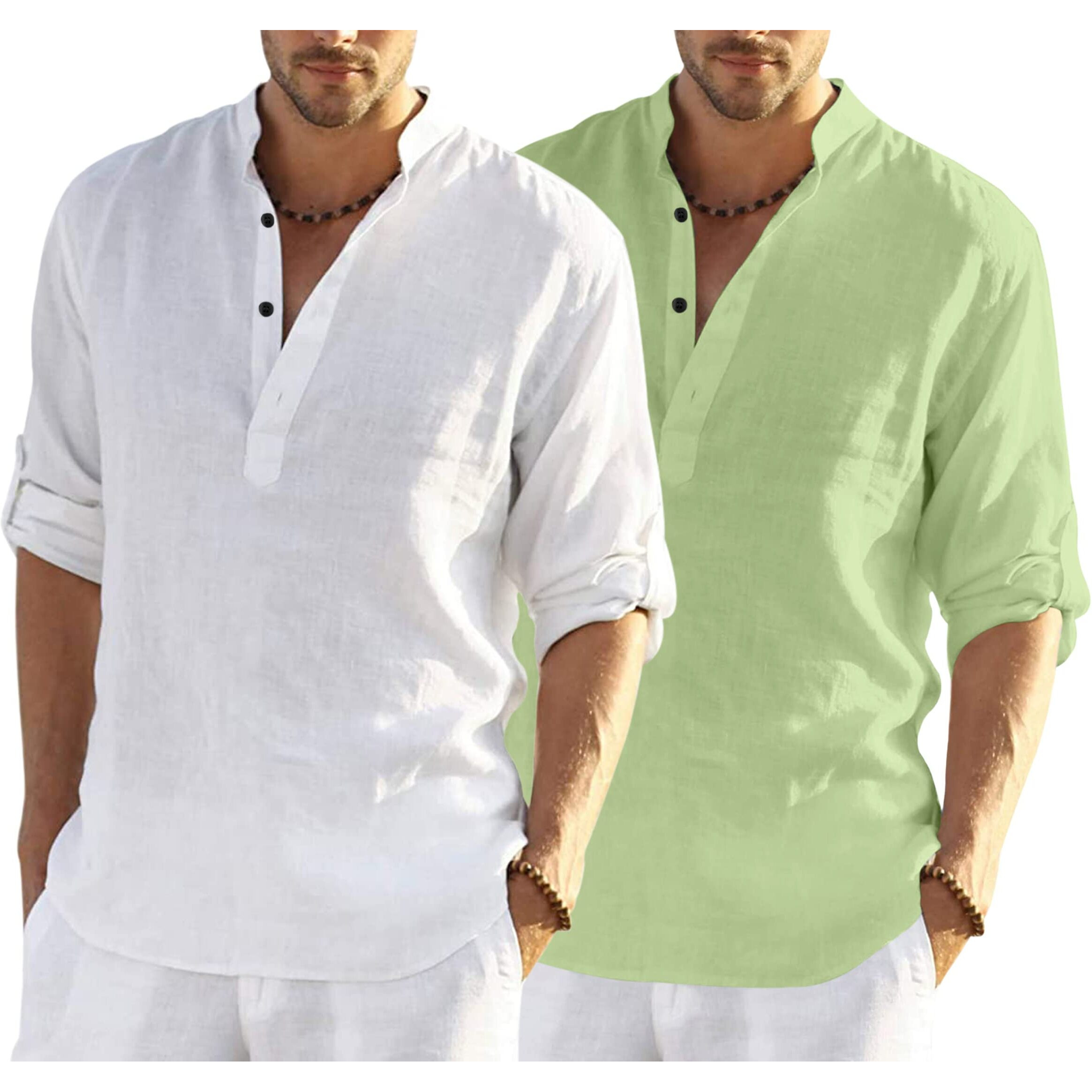 Bellstone Men's Cotton Blend Solid Regular Dress Shirt (Kurta800_Combo_White_Light Green_L
