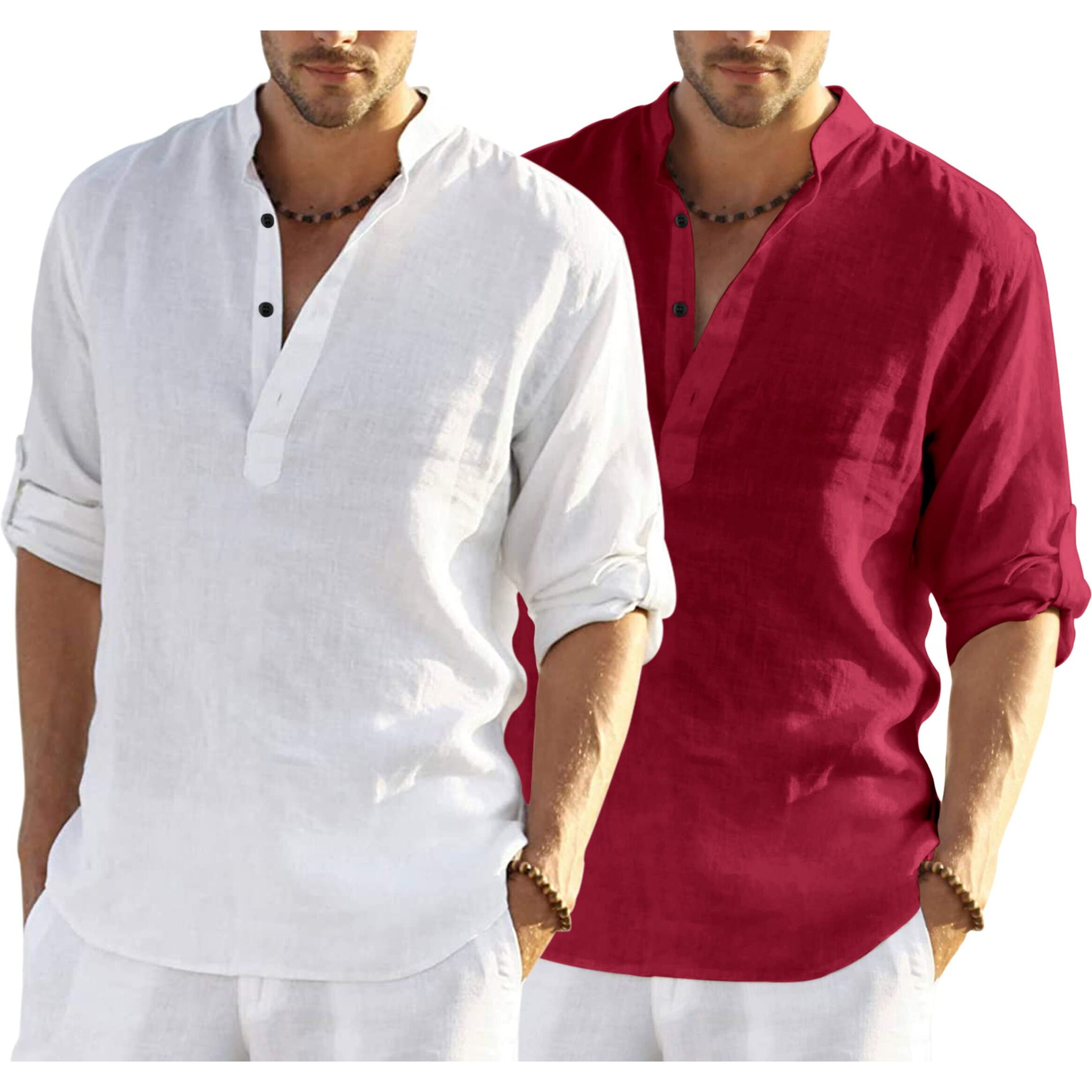 Bellstone Men's Cotton Blend Solid Regular Dress Shirt (Kurta800_Combo_White_Maroon_L