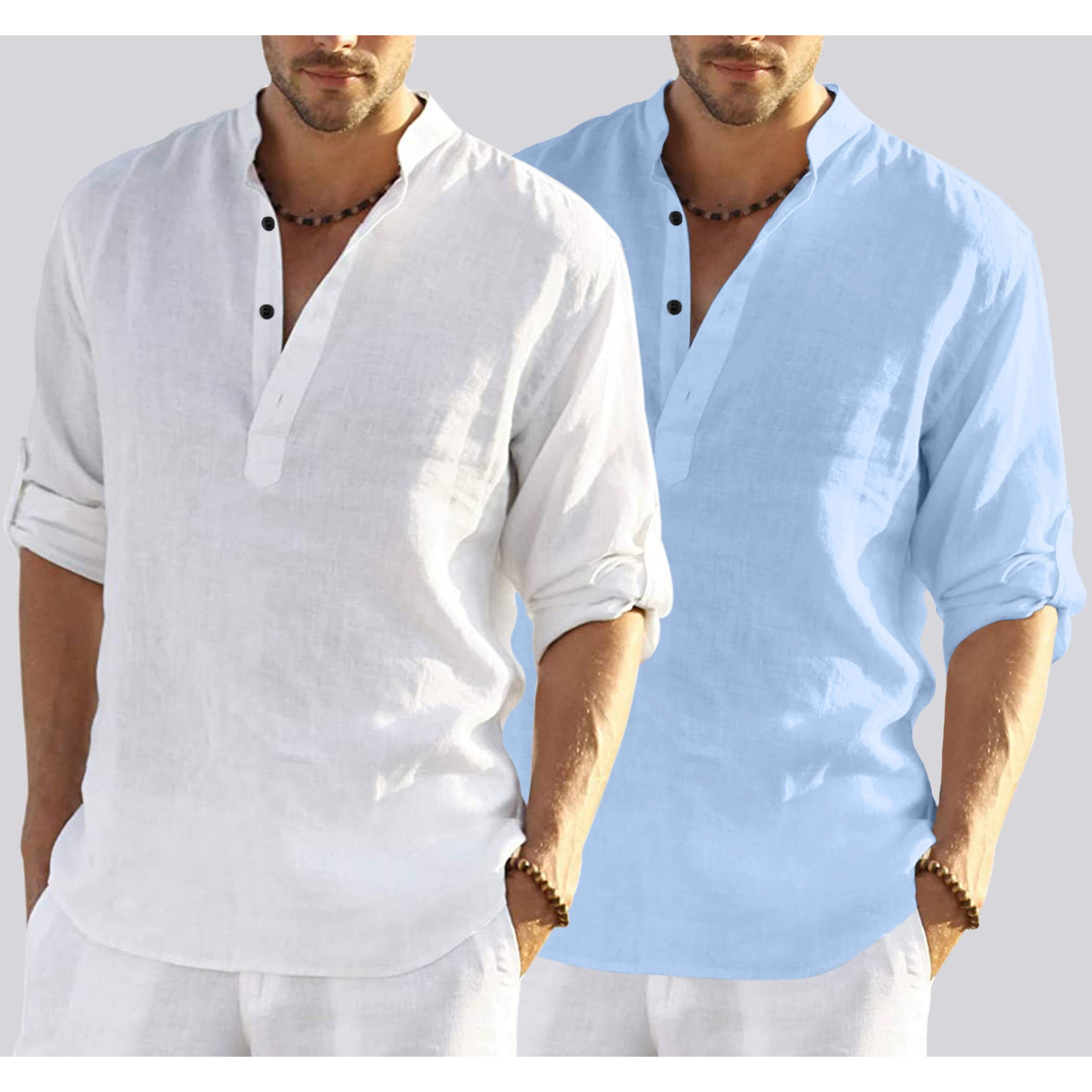 Bellstone Men's Cotton Blend Solid Regular Dress Shirt (Kurta800Combo_White_Skyblue_M Sky Blue