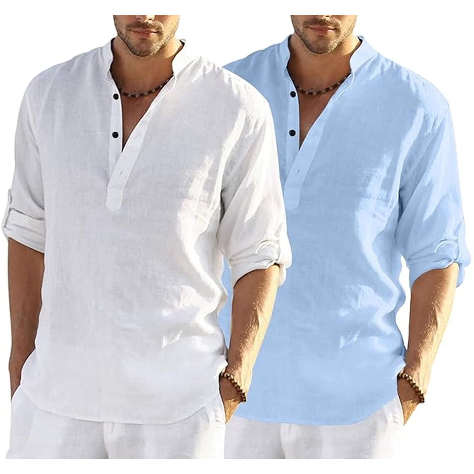Bellstone Men's Cotton Blend Solid Regular Dress Shirt (Kurta800Combo_White_Skyblue_Xl Sky Blue