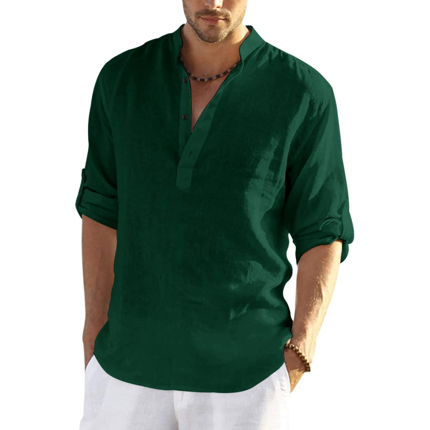 Bellstone Men's Cotton Blend Solid Regular Shirt (Kurta800_Dark Green_S