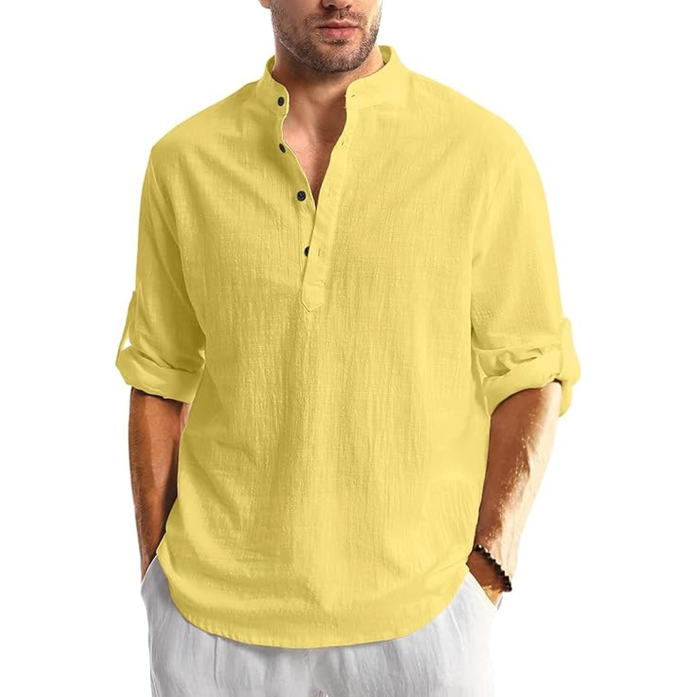 Bellstone Men's Solid Regular Fit Shirt (Kurta1600_Yellow_L
