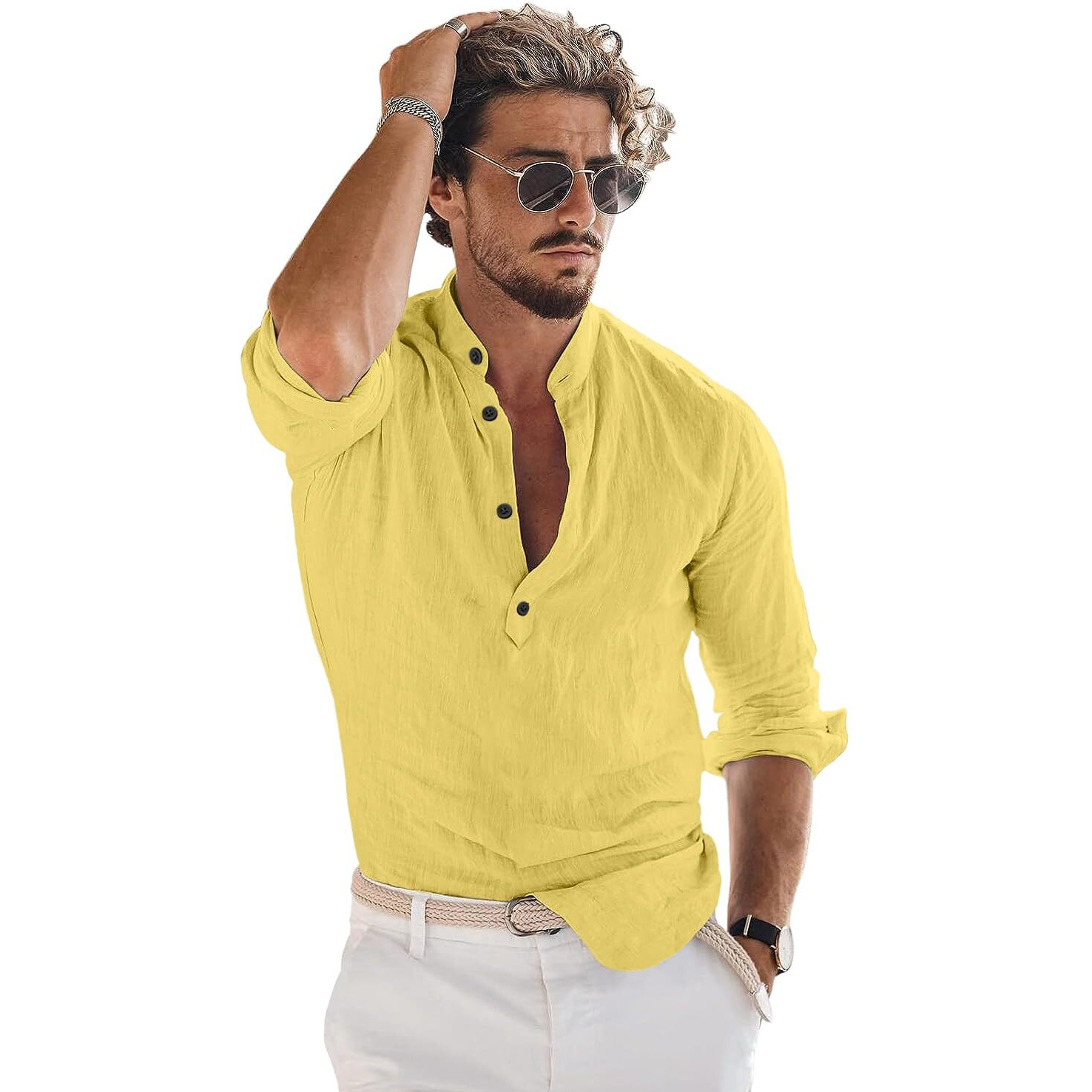 Bellstone Men's Solid Regular Fit Shirt (Kurta1600_Yellow_L