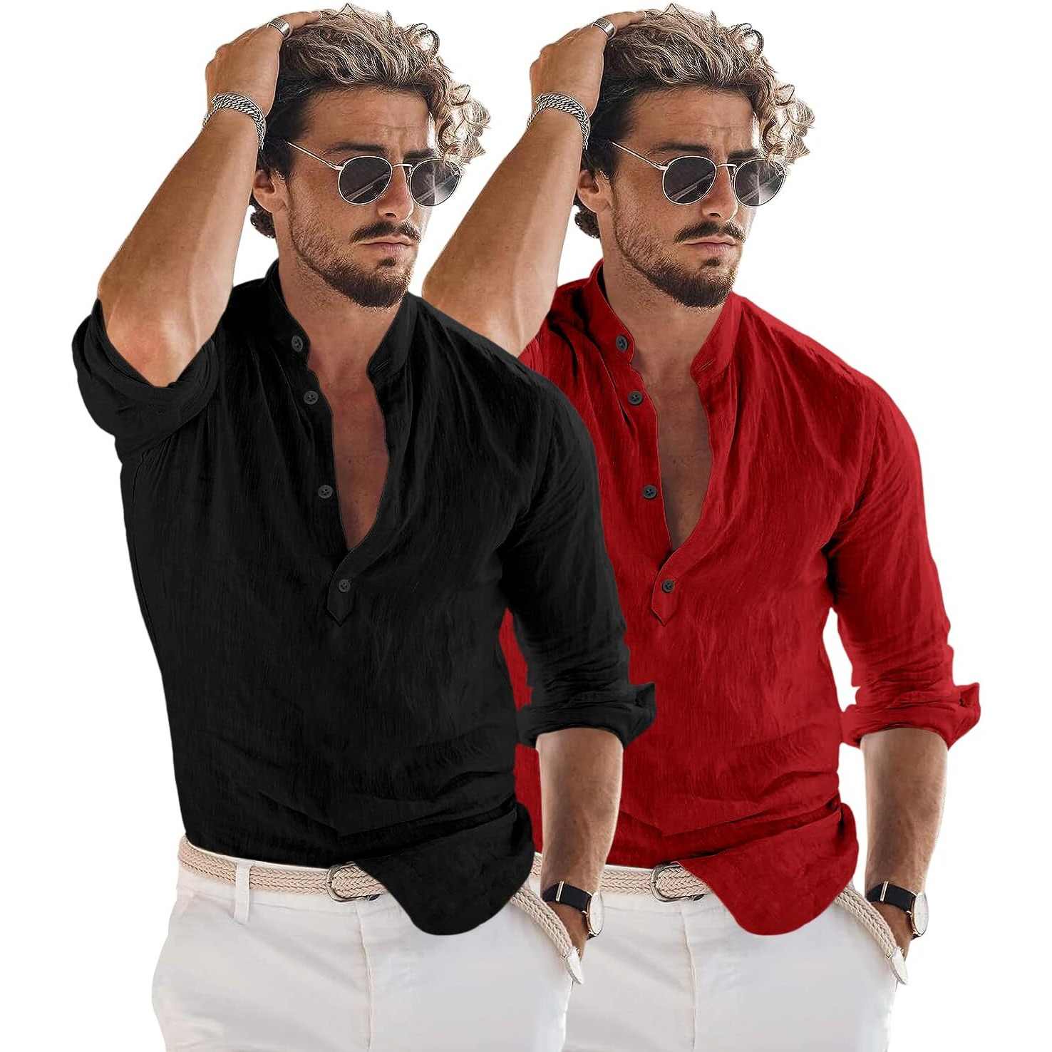 Bellstone Men's Cotton Blend Solid Regular Dress Shirt (Kurta1600_Combo_Black & Maroon_L