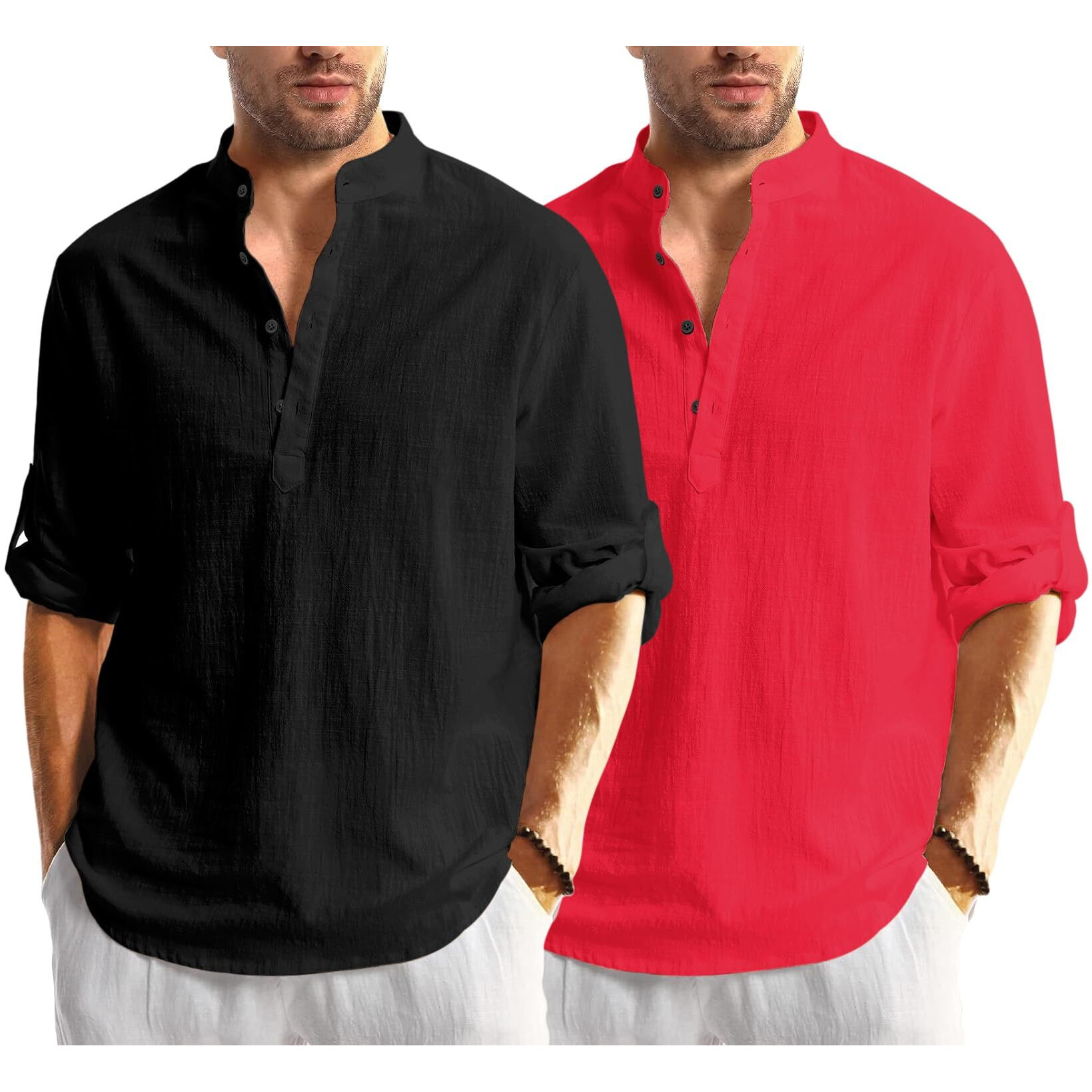 Bellstone Men's Cotton Blend Solid Regular Dress Shirt (Kurta1600_Combo_Black & Red_L