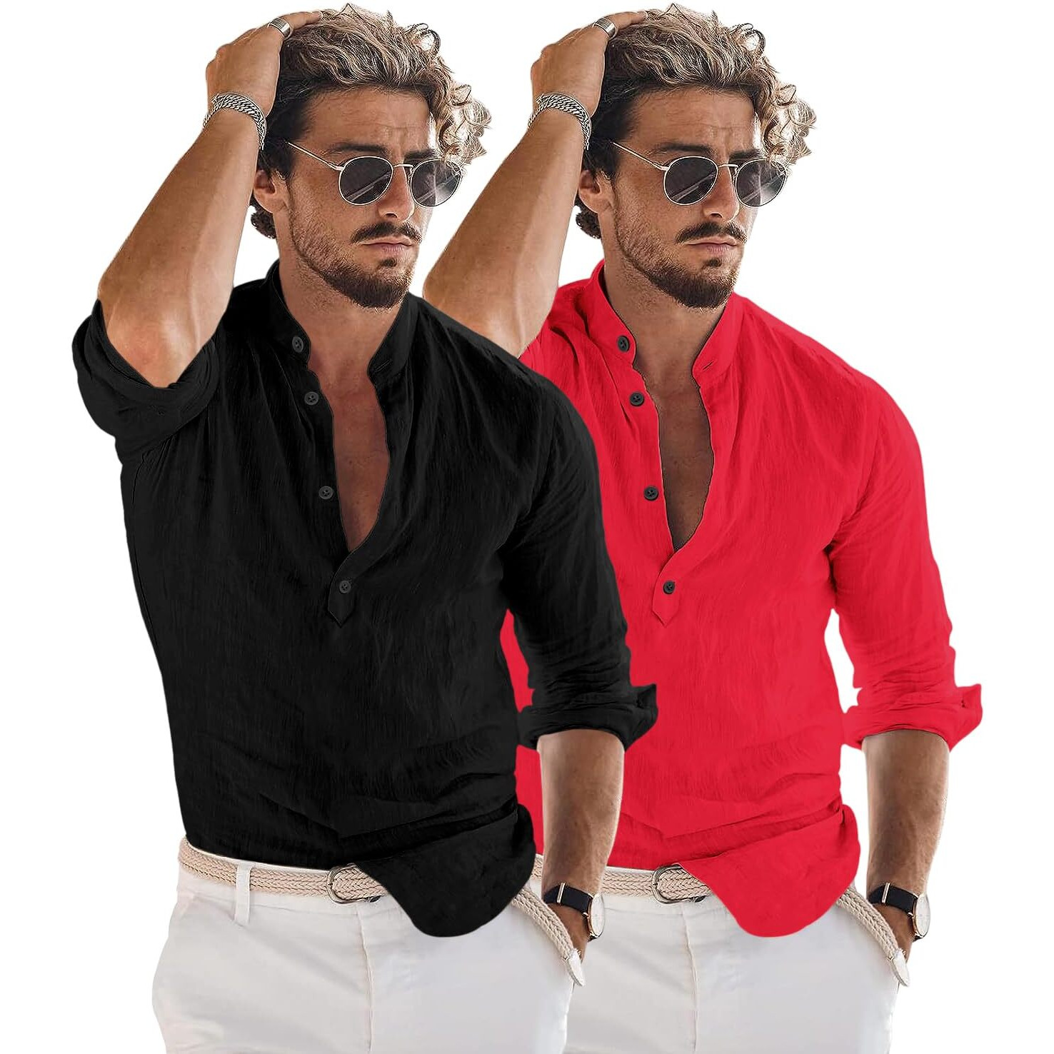 Bellstone Men's Cotton Blend Solid Regular Dress Shirt (Kurta1600_Combo_Black & Red_L