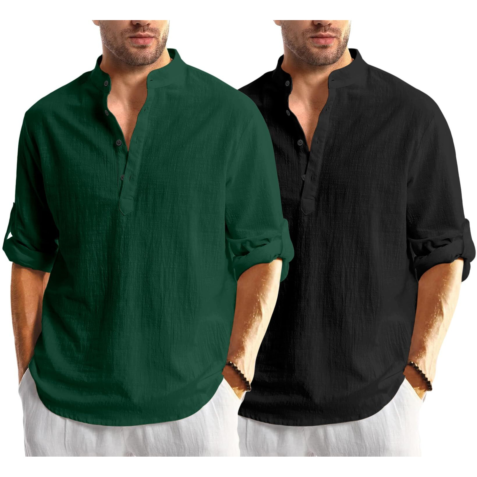 Bellstone Men's Cotton Blend Solid Regular Dress Shirt (Kurta1600_Combo_Dark Green & Black_M