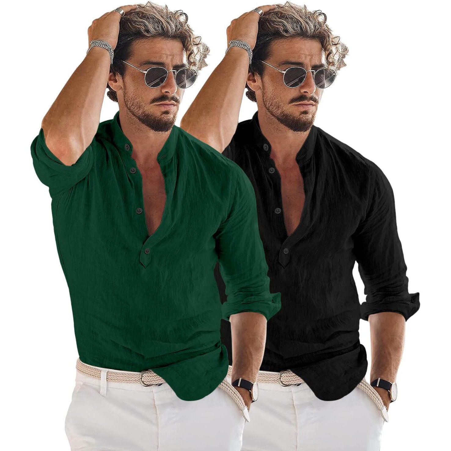 Bellstone Men's Cotton Blend Solid Regular Dress Shirt (Kurta1600_Combo_Dark Green & Black_M