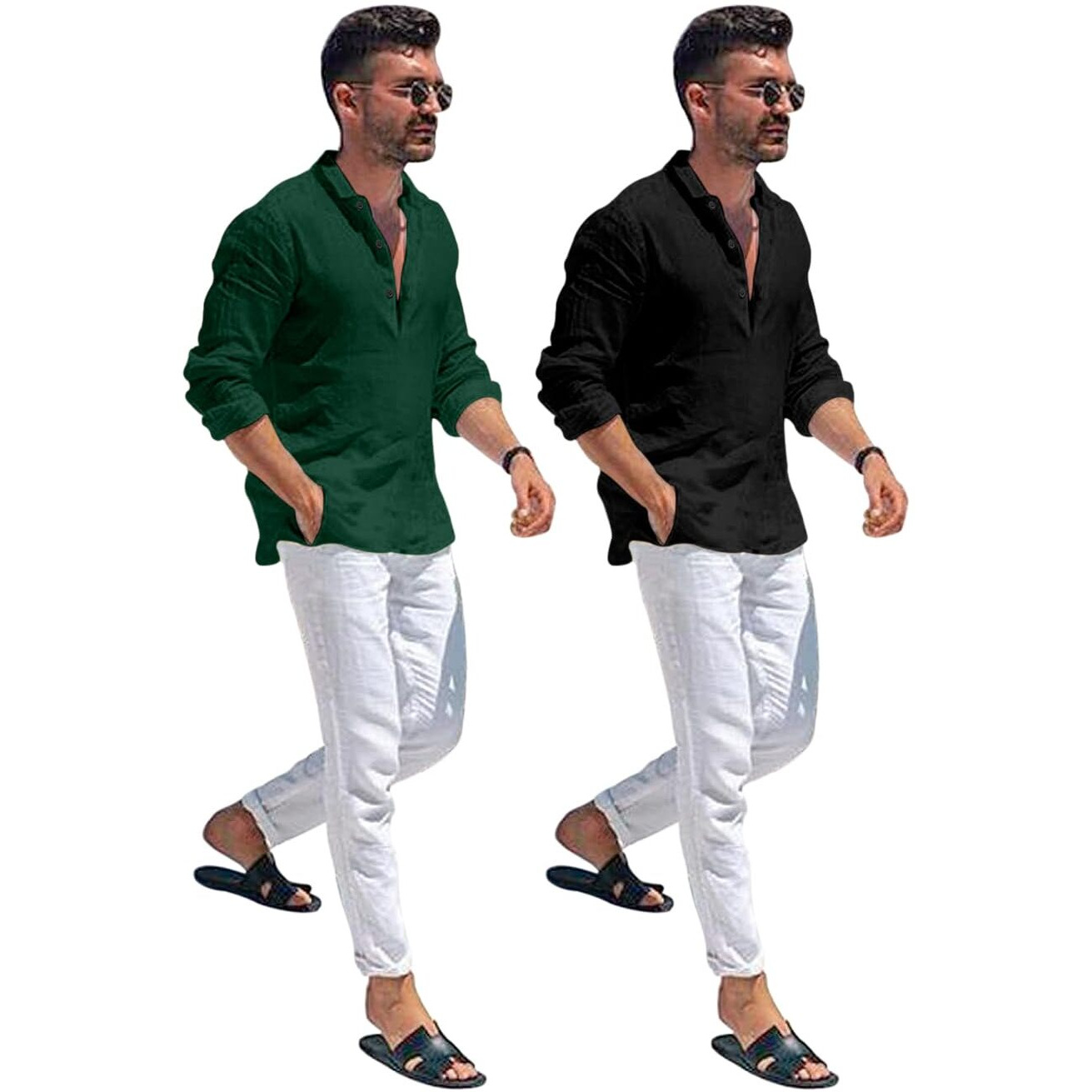 Bellstone Men's Cotton Blend Solid Regular Dress Shirt (Kurta1600_Combo_Dark Green & Black_L