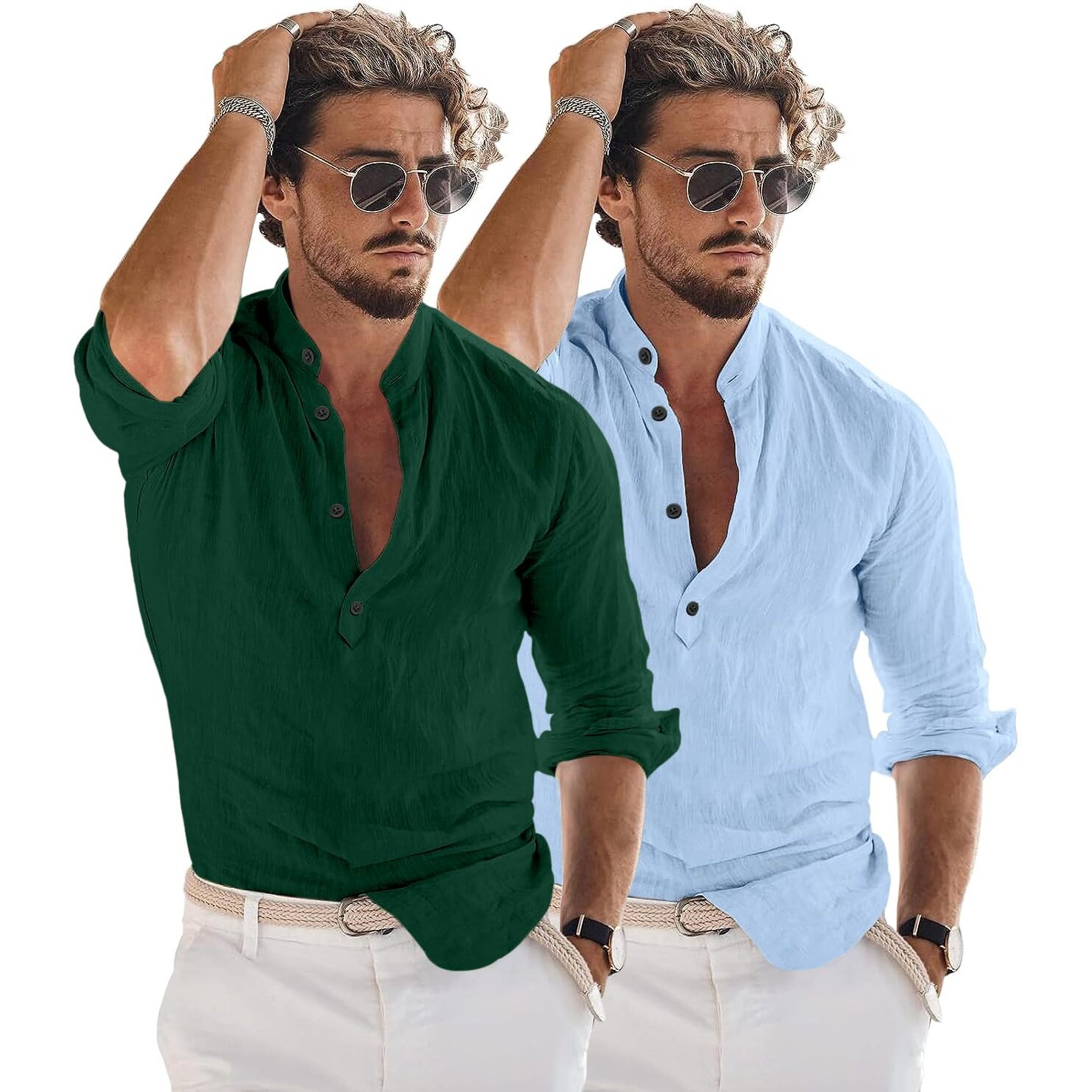 Bellstone Men's Cotton Blend Solid Regular Dress Shirt (Kurta1600_Combo_Dark Green & Sky_L