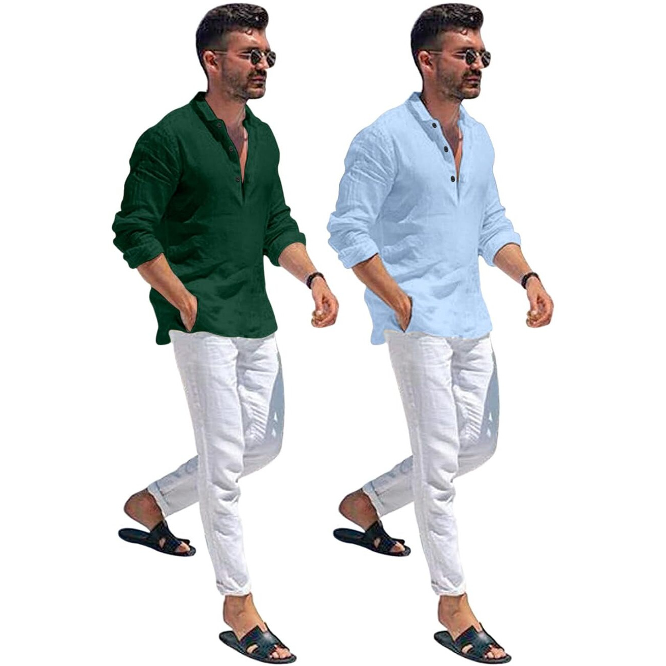 Bellstone Men's Cotton Blend Solid Regular Dress Shirt (Kurta1600_Combo_Dark Green & Sky_L