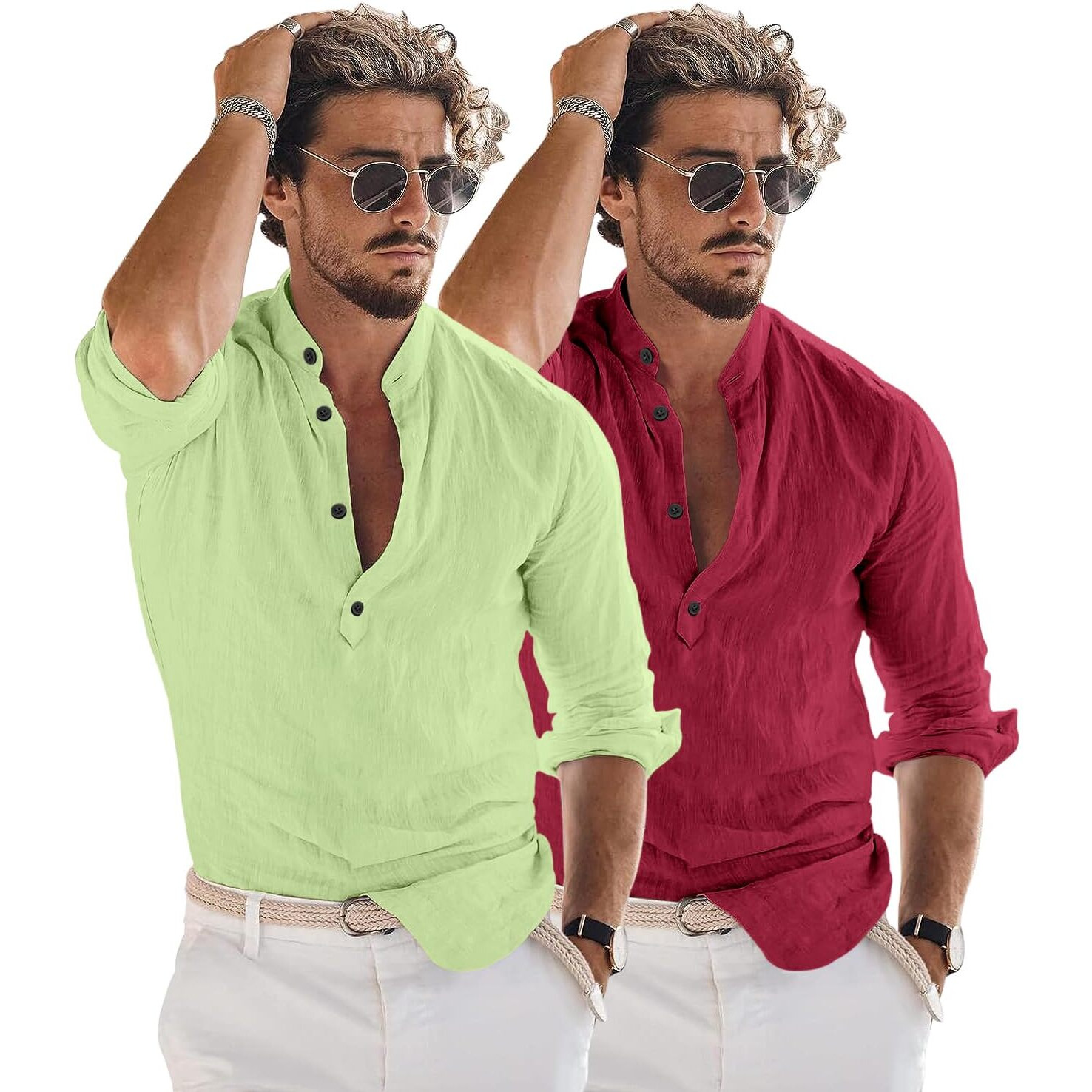Bellstone Men's Cotton Blend Solid Regular Dress Shirt (Kurta1600_Combo_L. Green & Burgundy_S_Light