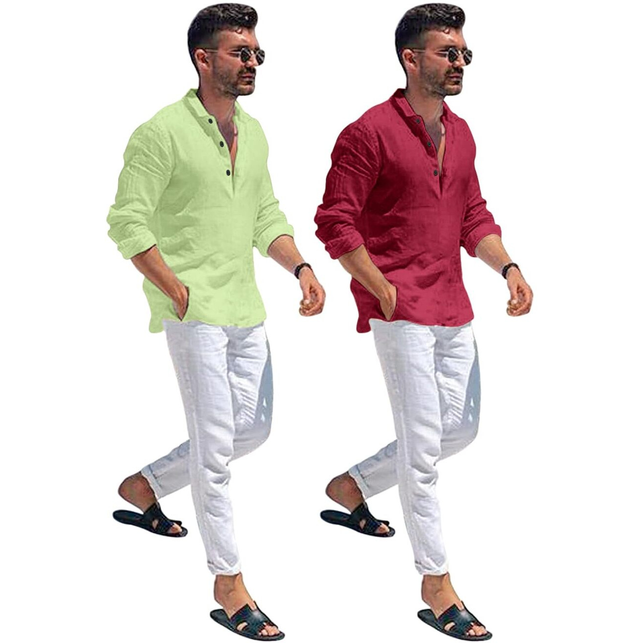 Bellstone Men's Cotton Blend Solid Regular Dress Shirt (Kurta1600_Combo_L. Green & Burgundy_S_Light