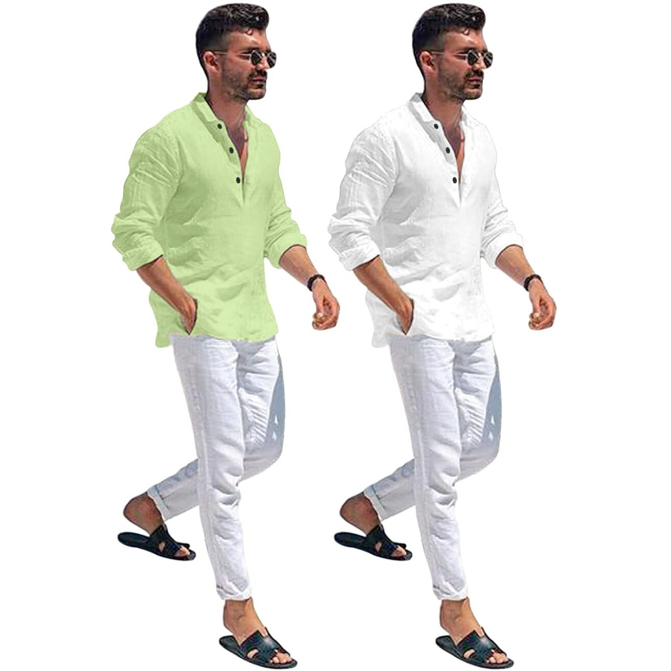 Bellstone Men's Solid Regular Fit Dress Shirt (Kurta1600_Combo_L. Green & White_M_Light