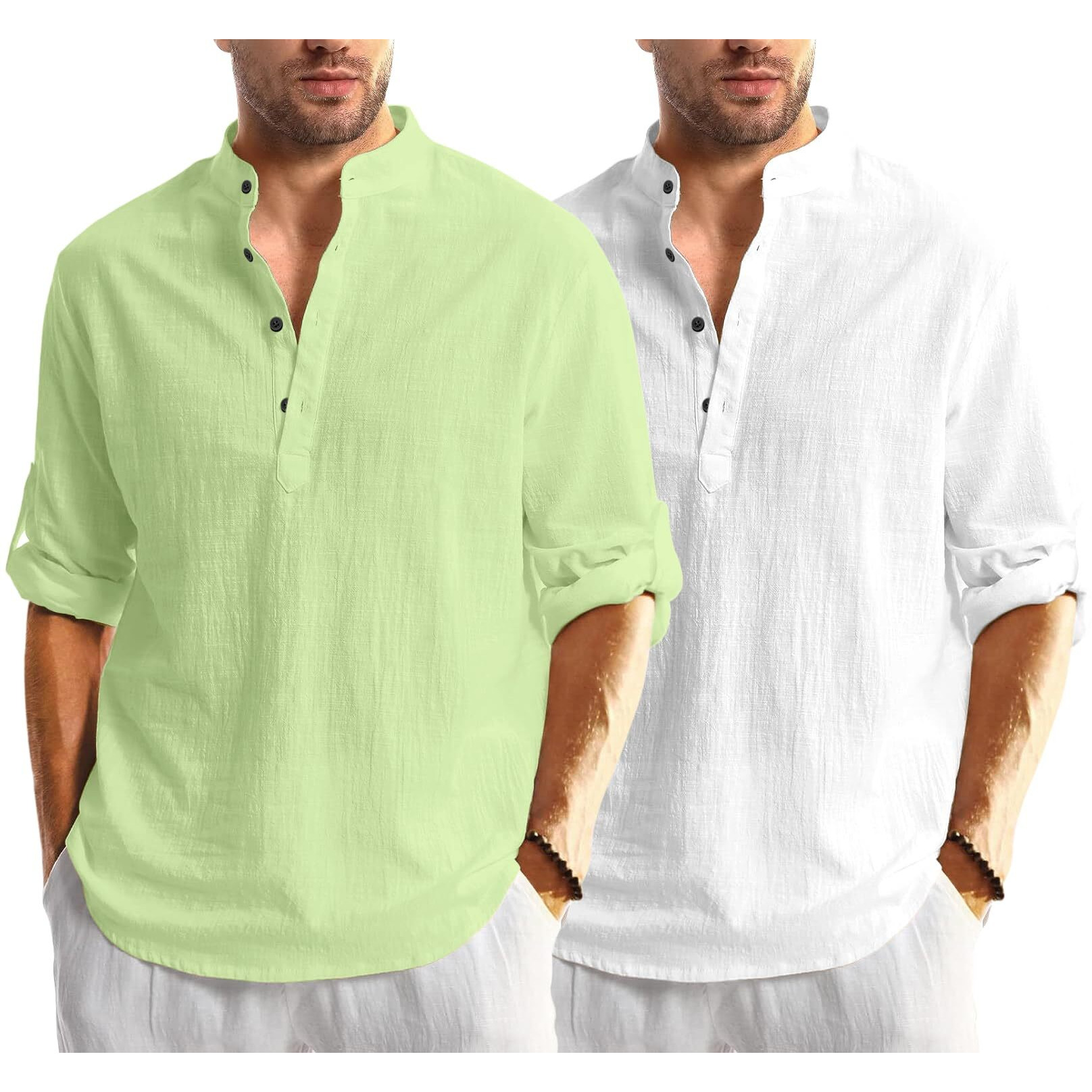 Bellstone Men's Solid Regular Fit Dress Shirt (Kurta1600_Combo_L. Green & White_Xl_Light