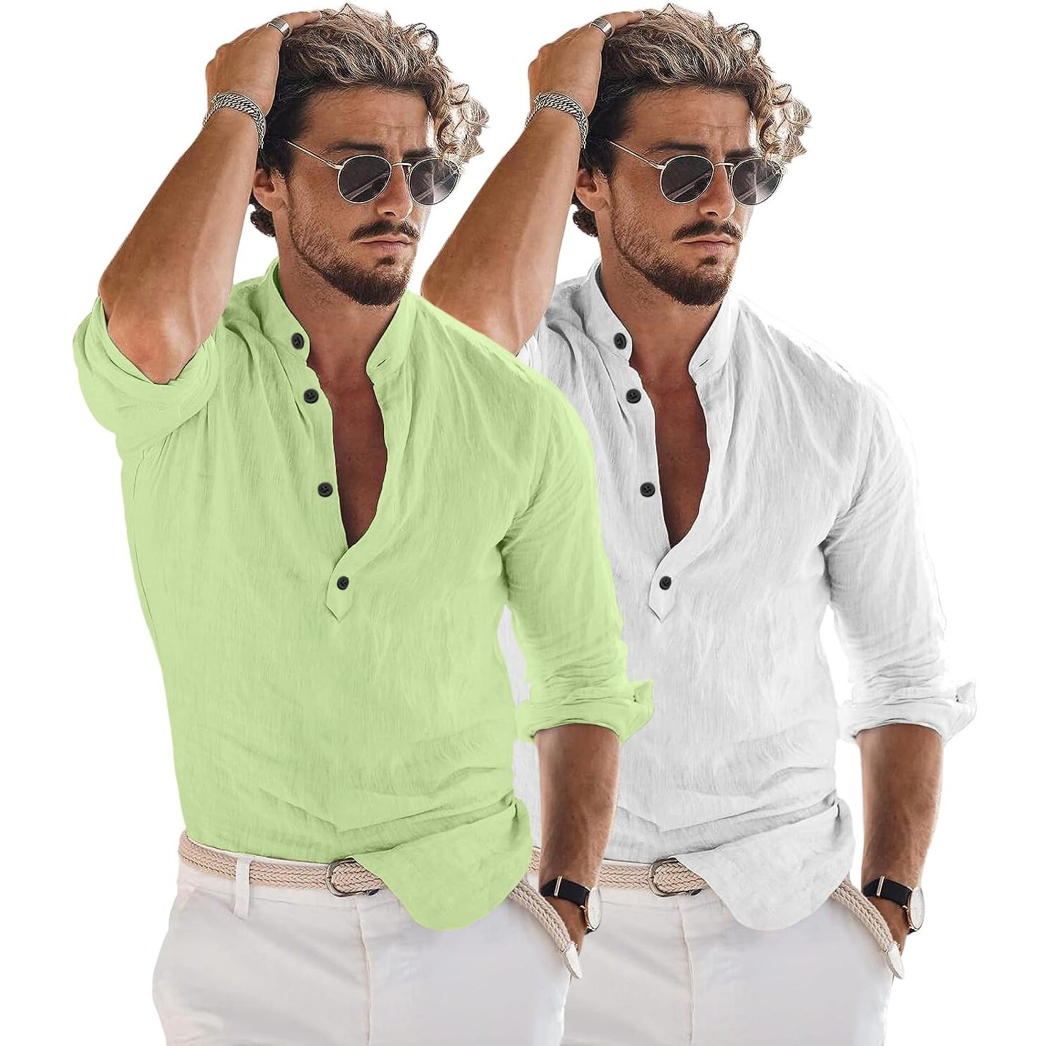 Bellstone Men's Solid Regular Fit Dress Shirt (Kurta1600_Combo_L. Green & White_Xl_Light