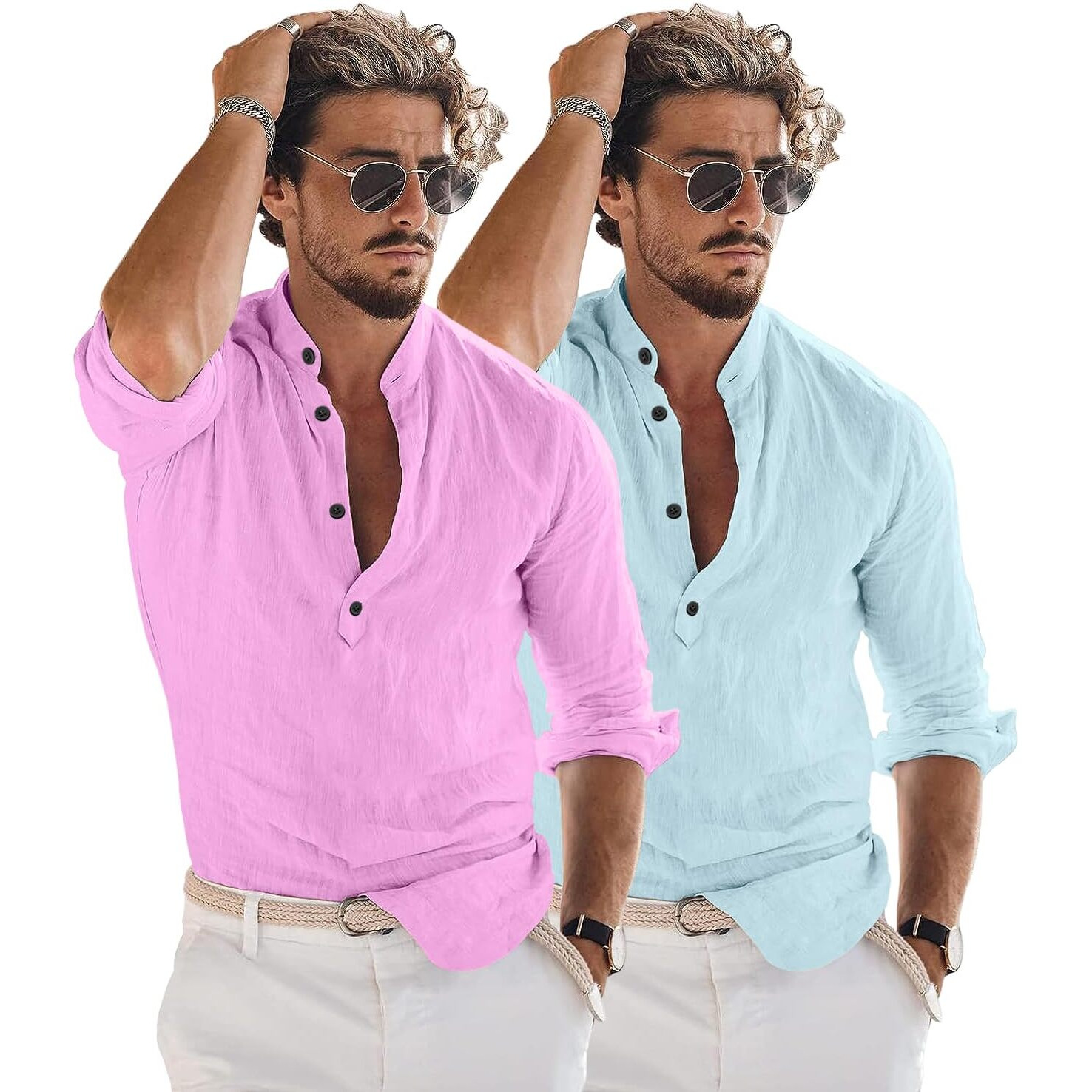 Bellstone Men's Solid Regular Fit Dress Shirt (Kurta1600_Combo_L. Pink & Aqua_L_Light