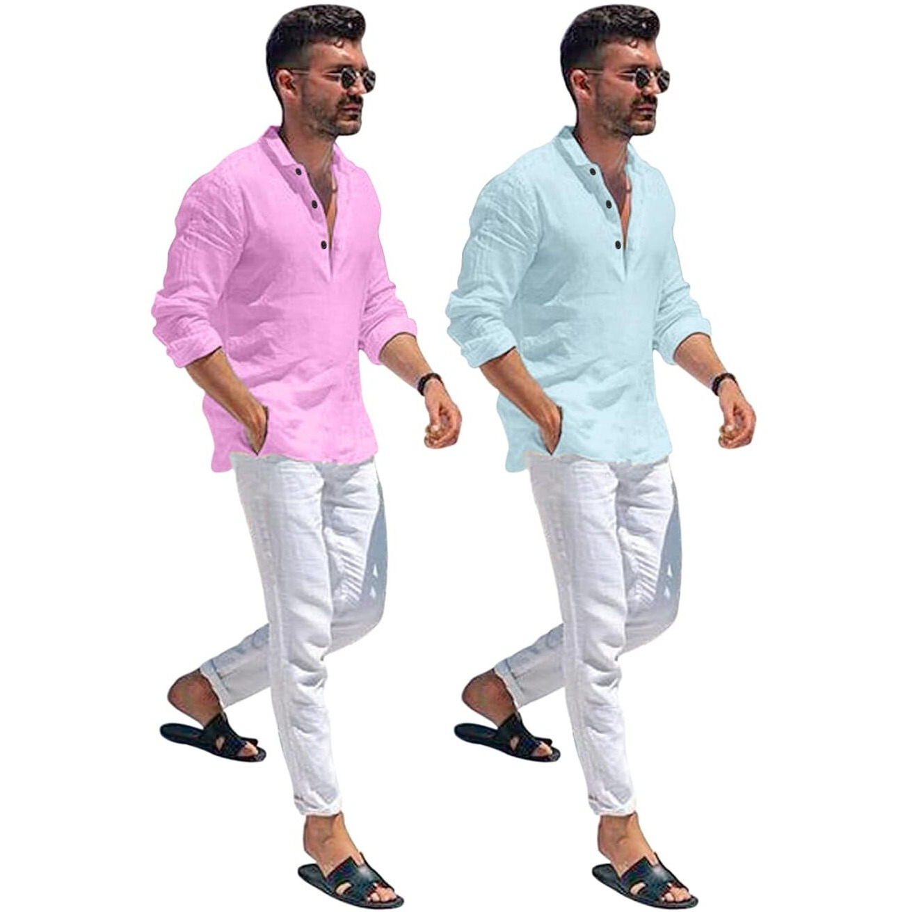 Bellstone Men's Solid Regular Fit Dress Shirt (Kurta1600_Combo_L. Pink & Aqua_L_Light