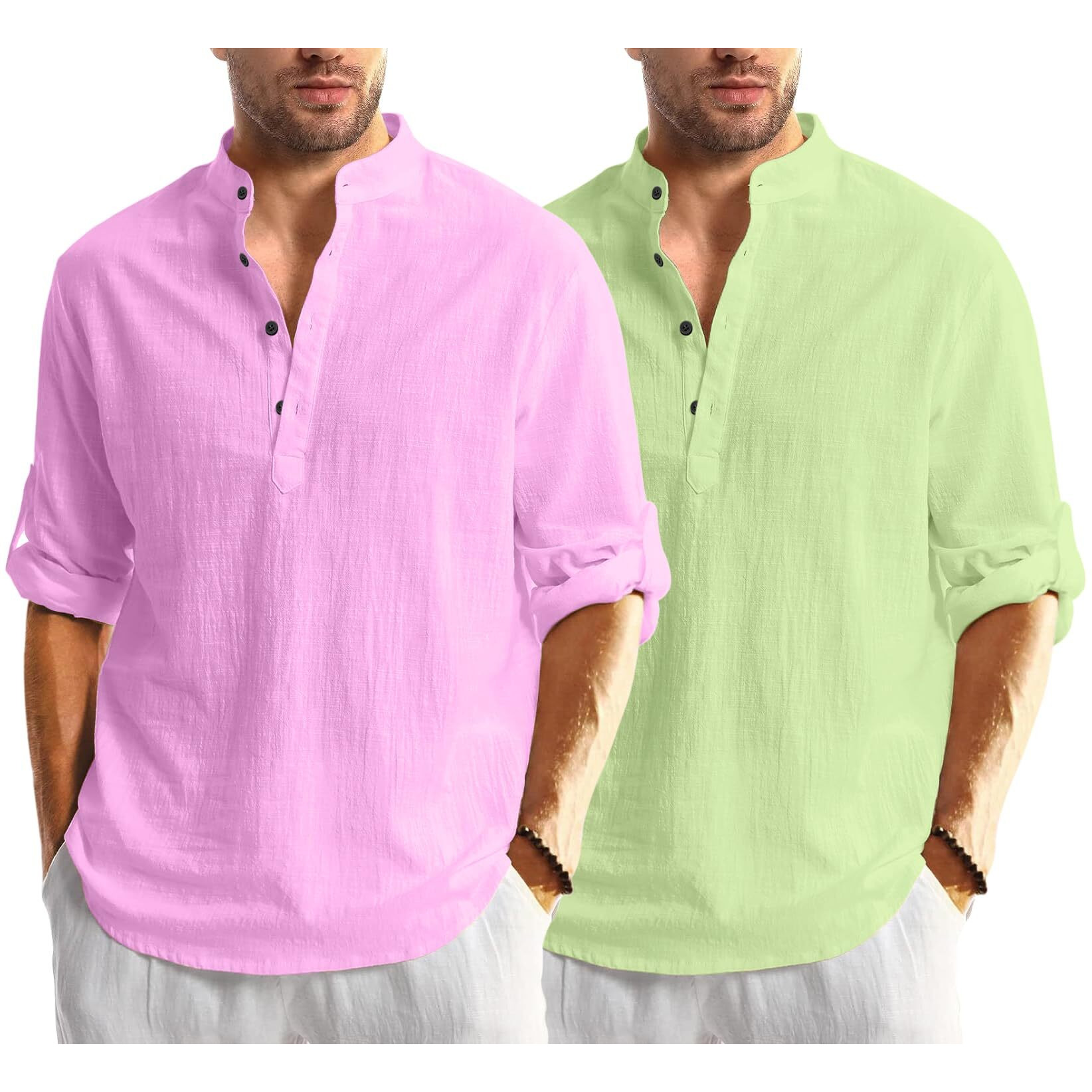 Bellstone Men's Solid Regular Fit Dress Shirt (Kurta1600_Combo_L. Pink & L. Green_S Light