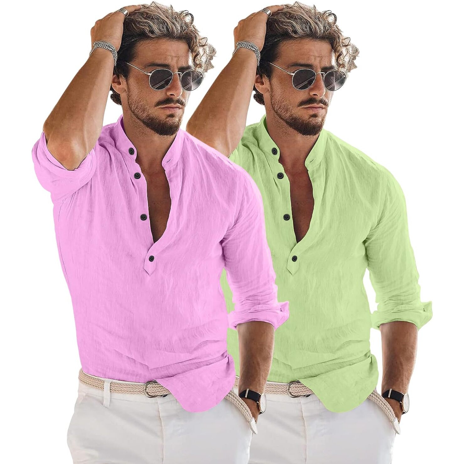 Bellstone Men's Solid Regular Fit Dress Shirt (Kurta1600_Combo_L. Pink & L. Green_L Light
