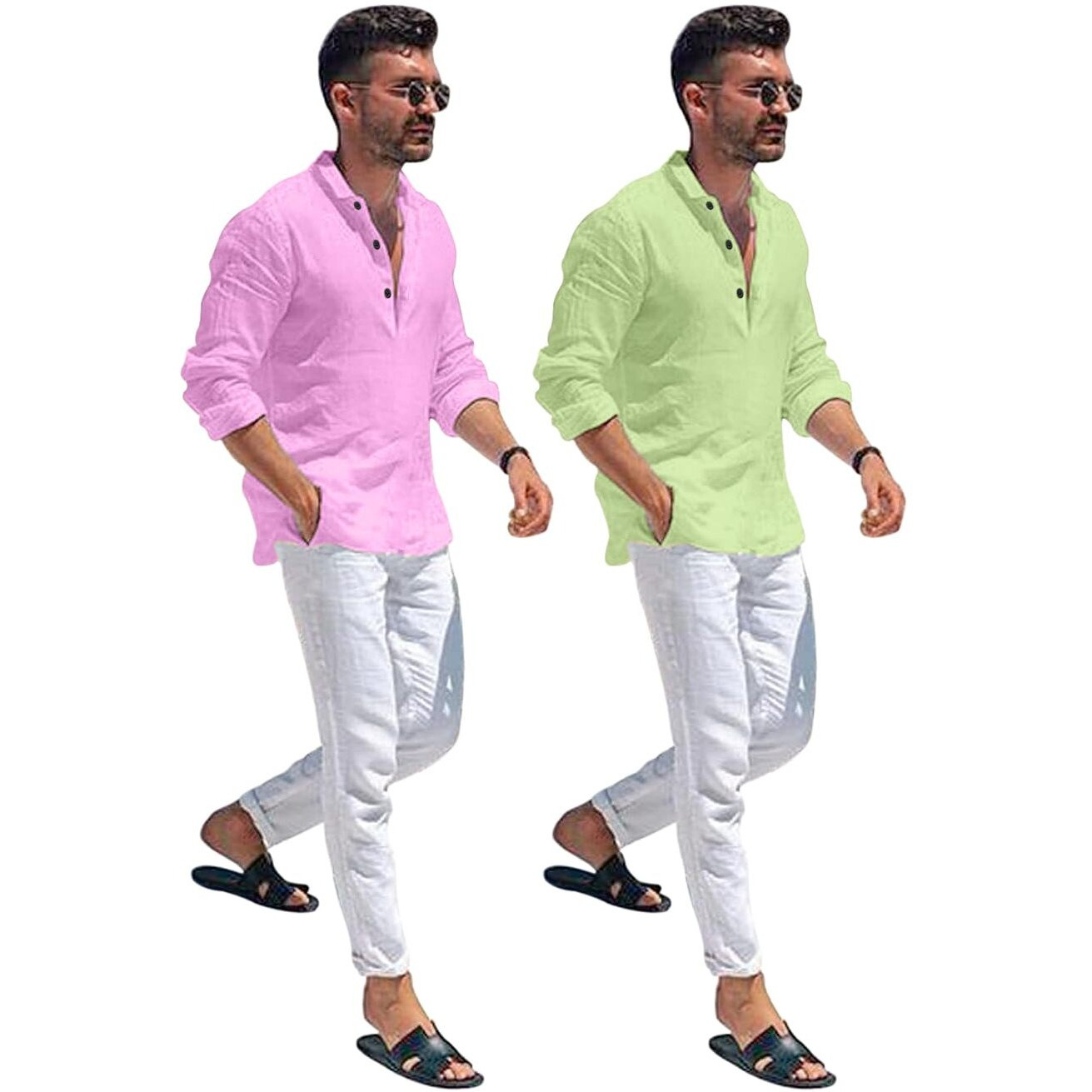 Bellstone Men's Solid Regular Fit Dress Shirt (Kurta1600_Combo_L. Pink & L. Green_L Light