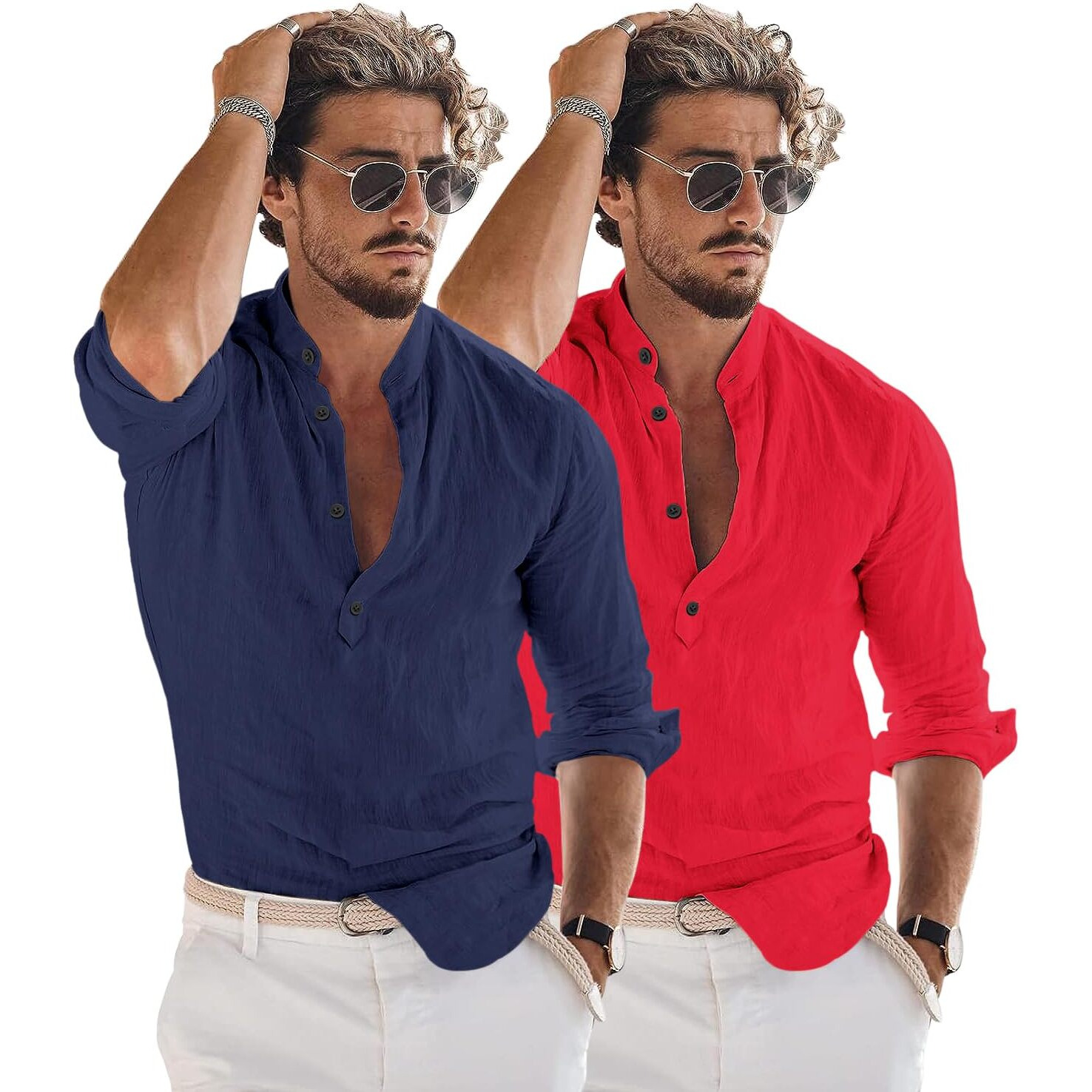 Bellstone Men's Cotton Blend Solid Regular Dress Shirt (Kurta1600_Combo_Navy & Red_M