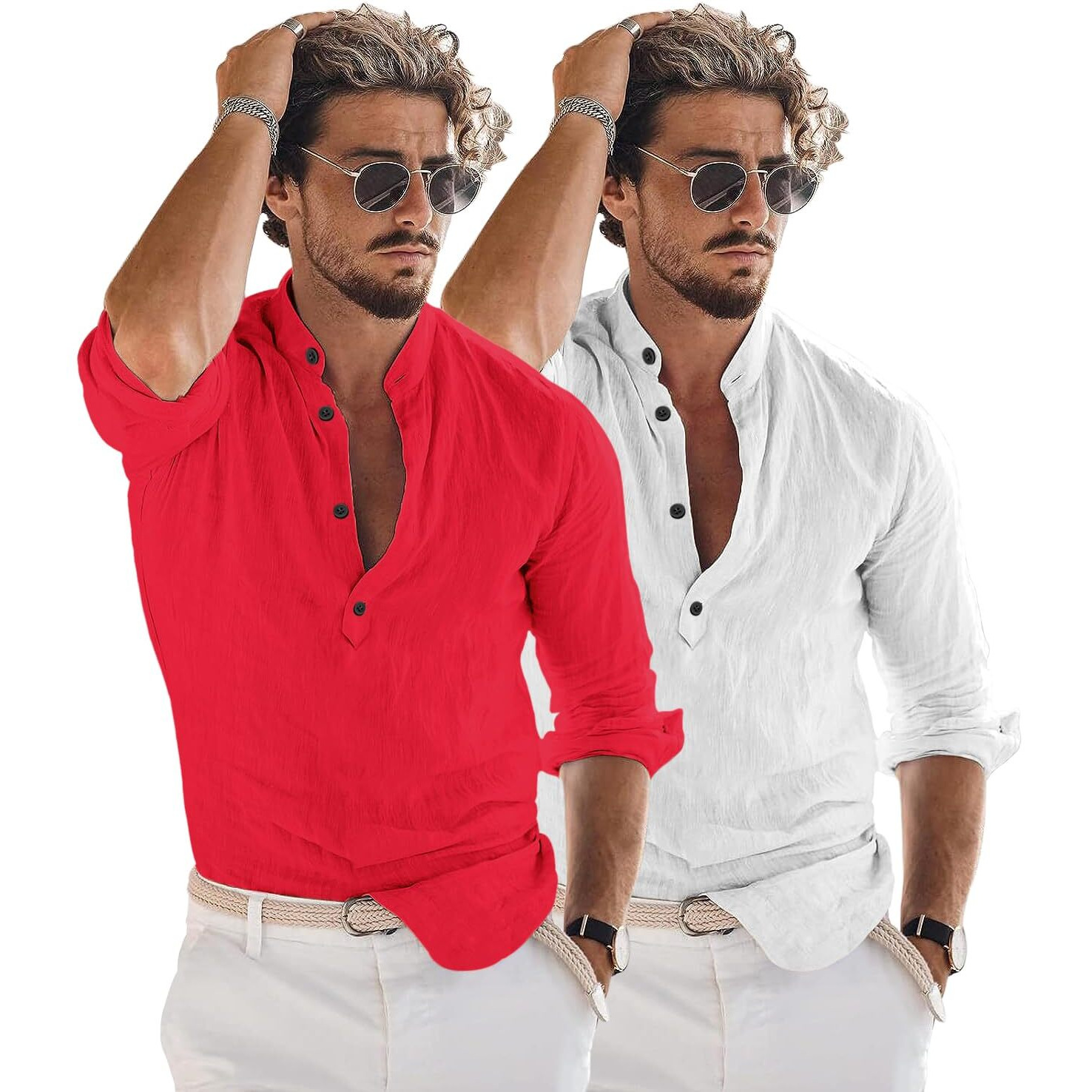 Bellstone Men's Cotton Blend Solid Regular Dress Shirt (Kurta1600_Combo_Red & White_S