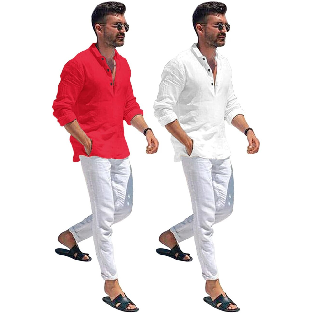 Bellstone Men's Cotton Blend Solid Regular Dress Shirt (Kurta1600_Combo_Red & White_S