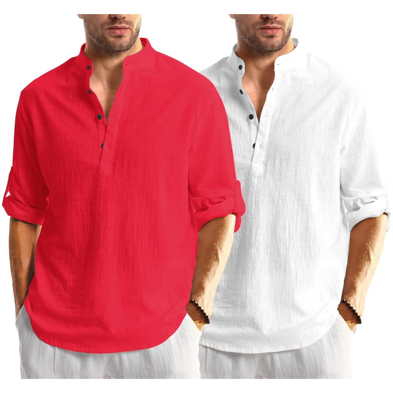 Bellstone Men's Cotton Blend Solid Regular Dress Shirt (Kurta1600_Combo_Red & White_L