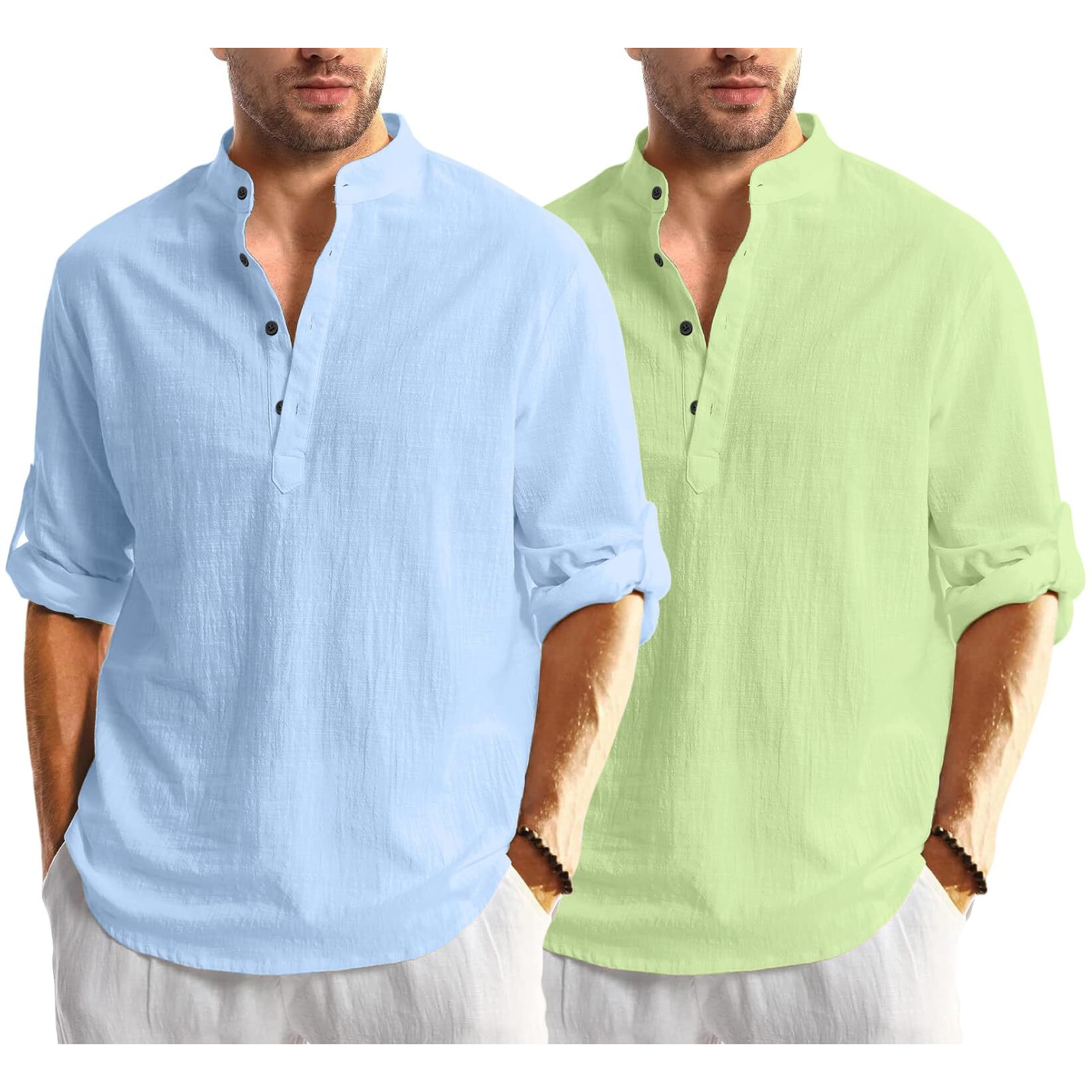 Bellstone Men's Cotton Blend Solid Regular Fit Dress Shirt (Kurta1600_Combo_Sky & L. Green_Xl Light