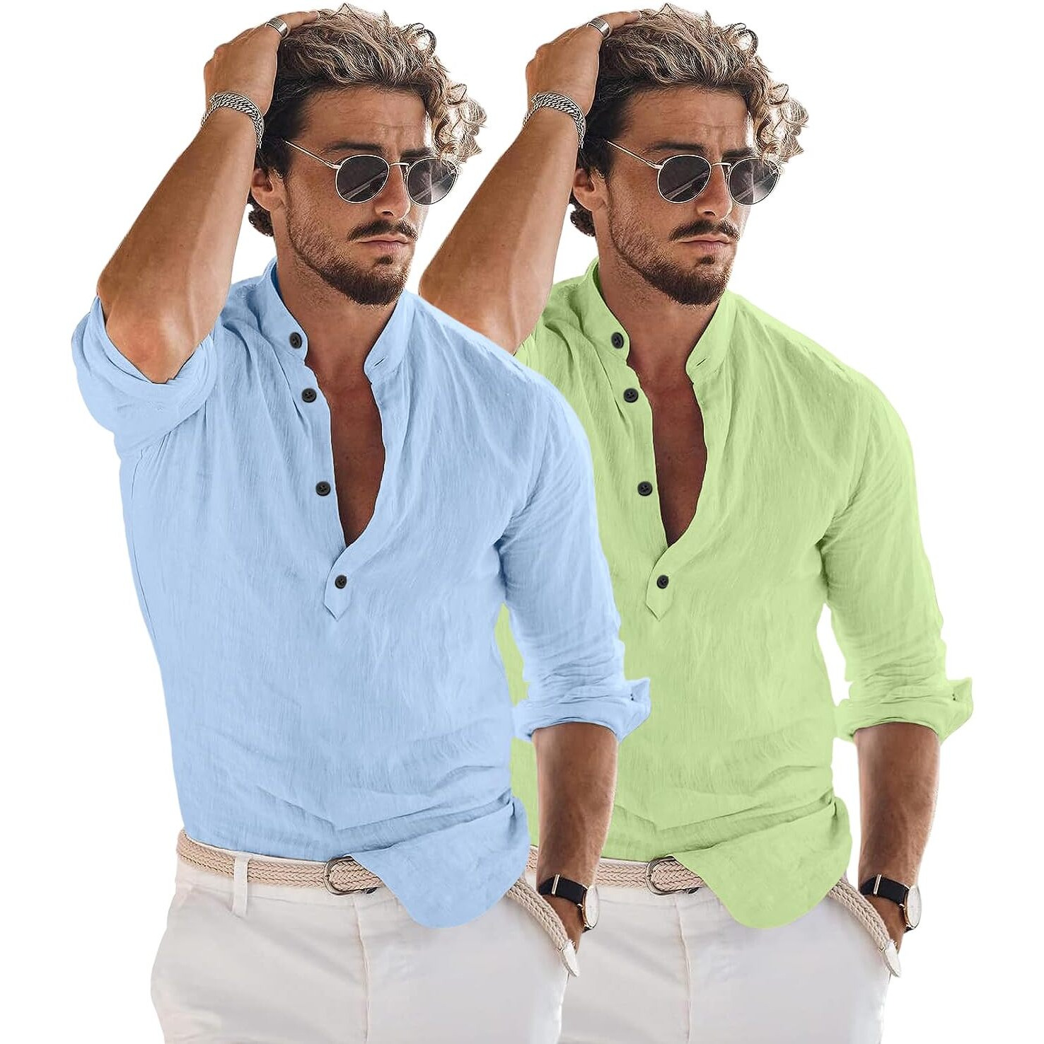 Bellstone Men's Cotton Blend Solid Regular Fit Dress Shirt (Kurta1600_Combo_Sky & L. Green_Xl Light